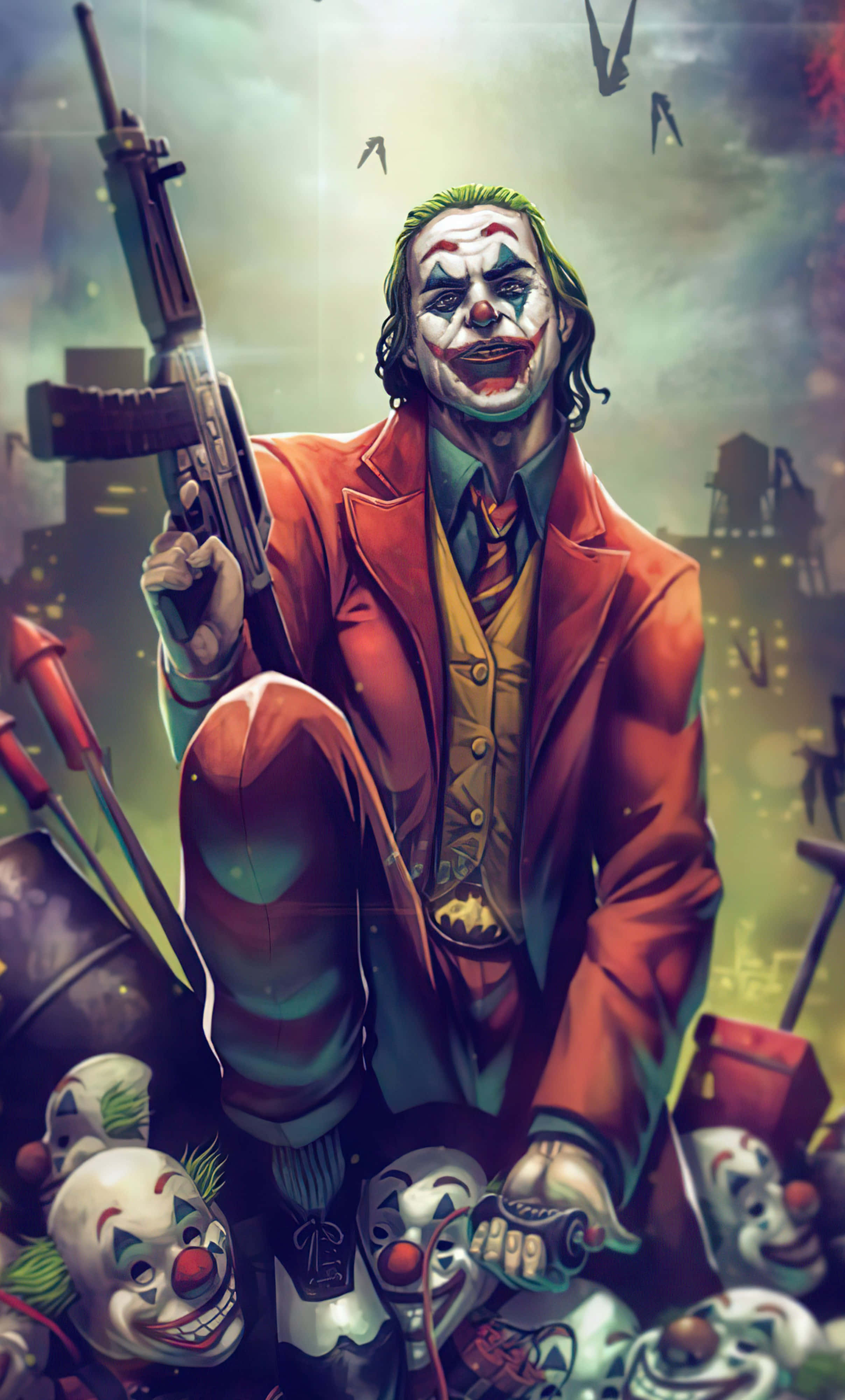 Joker, red suit, rifle, 4K Phone Wallpaper