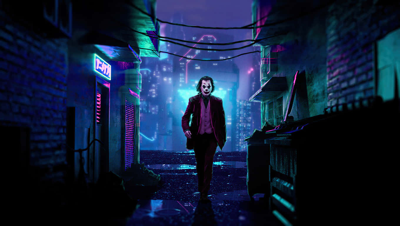 Joker, red suit, neon-drenched alleyway, HD Desktop Wallpaper