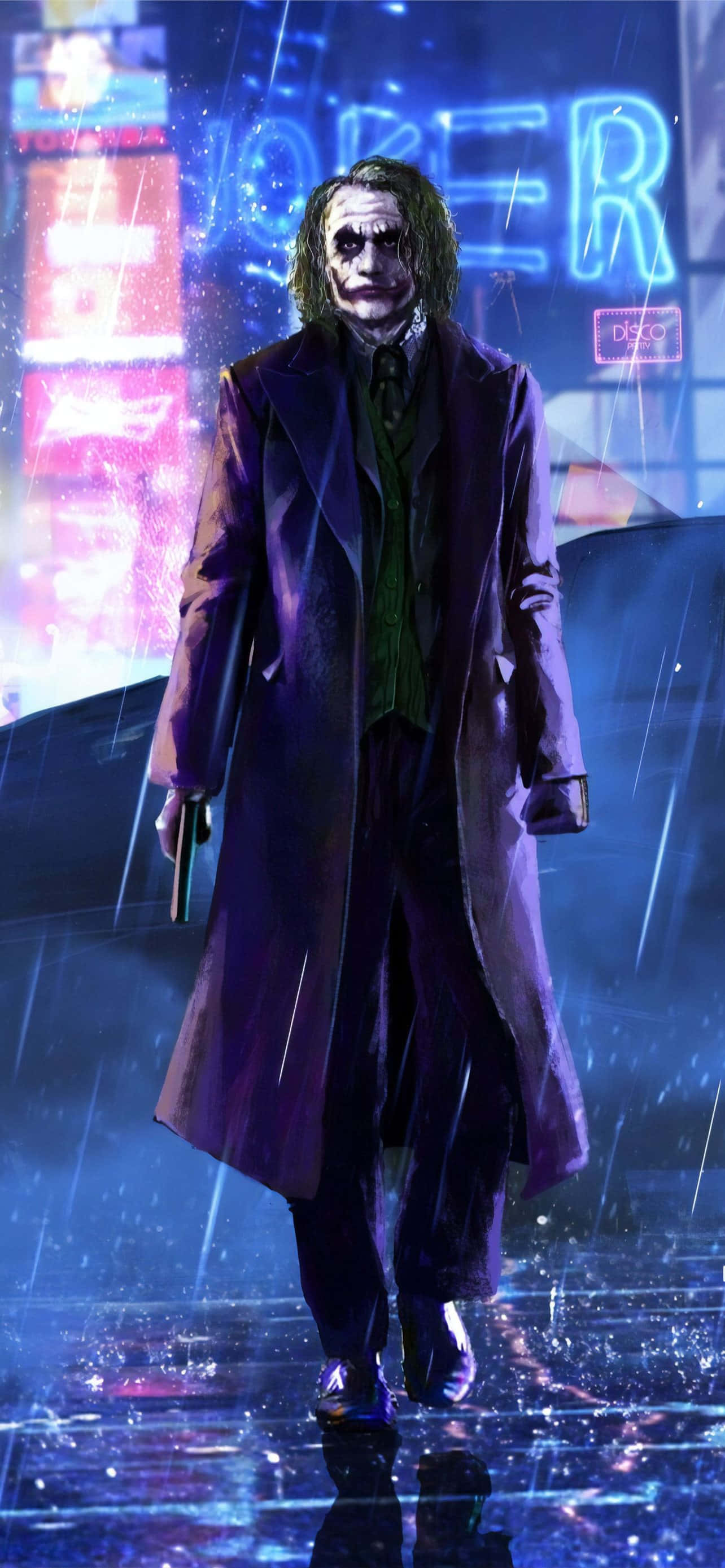 Joker, neon-drenched, rain-soaked city street, 2K Phone Wallpaper