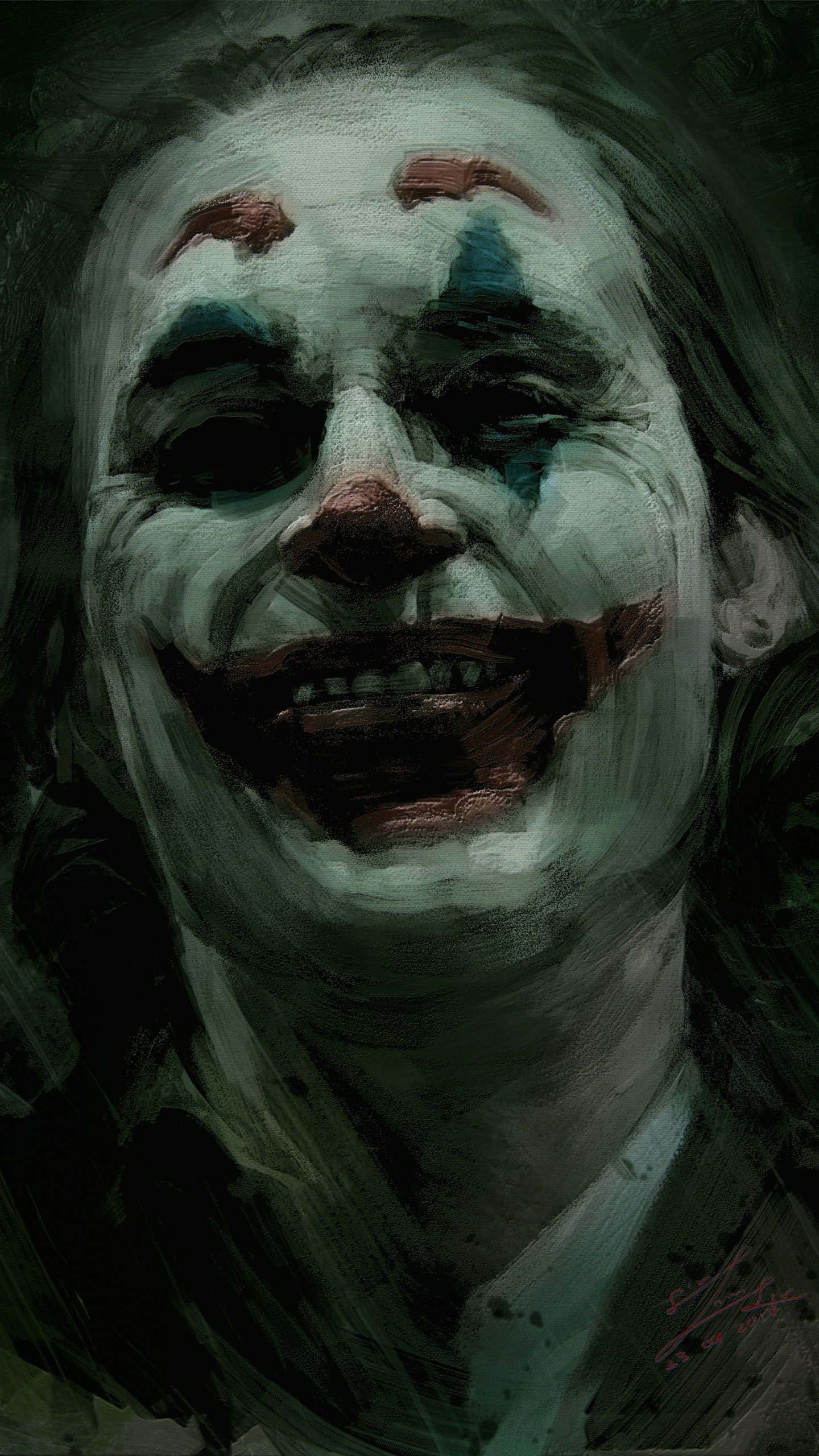 Joker, oil painting portrait, smeared white face paint, 2K Phone Wallpaper