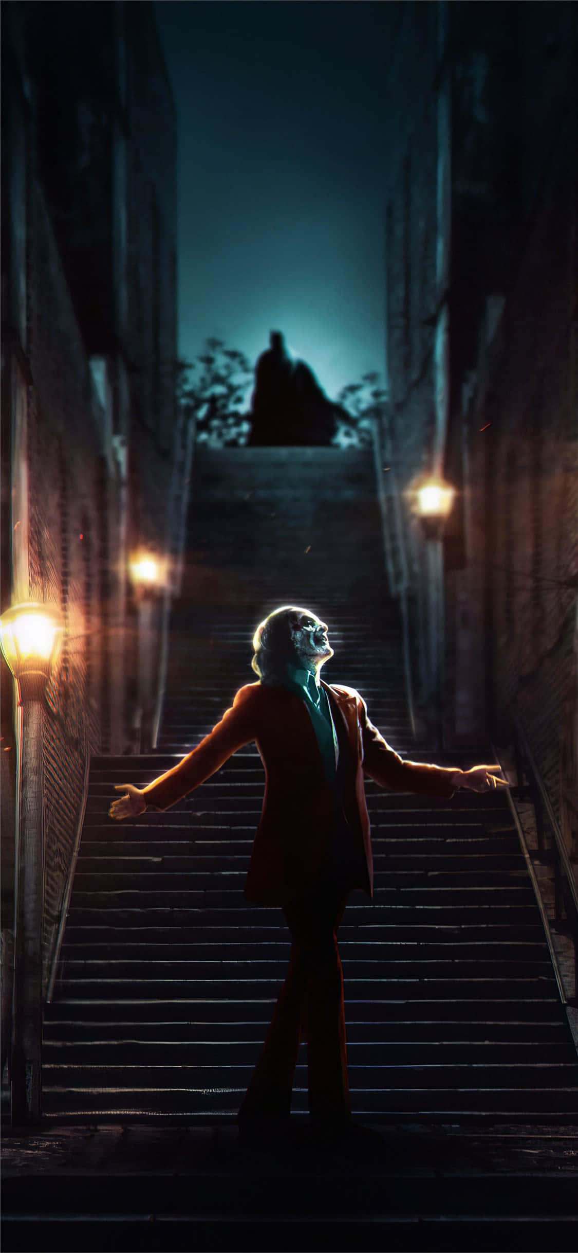 Joker, red suit, dimly lit stone staircase, Full HD Phone Wallpaper