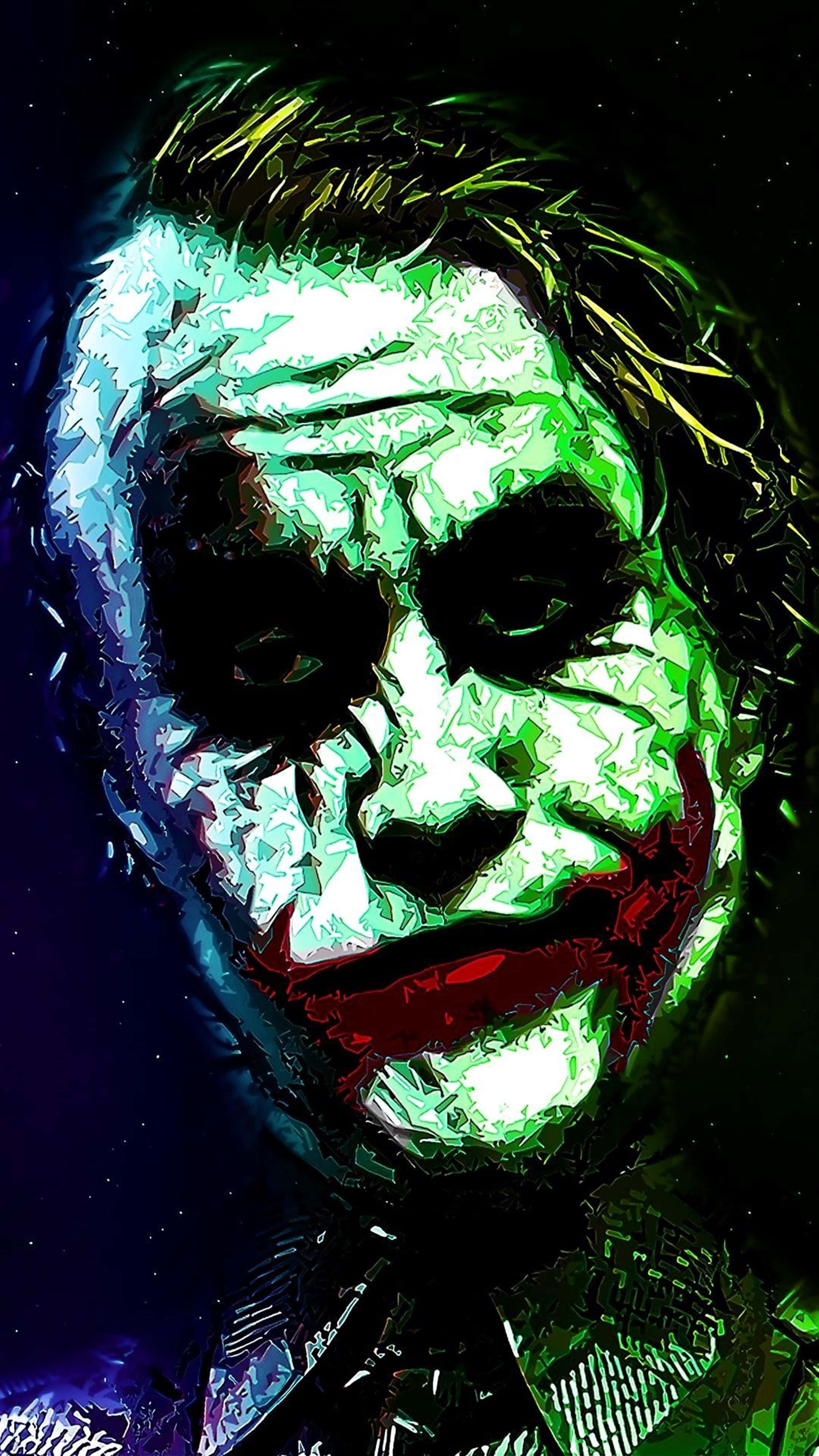Joker, glowing green skin, wide red grin, 4K Phone Wallpaper
