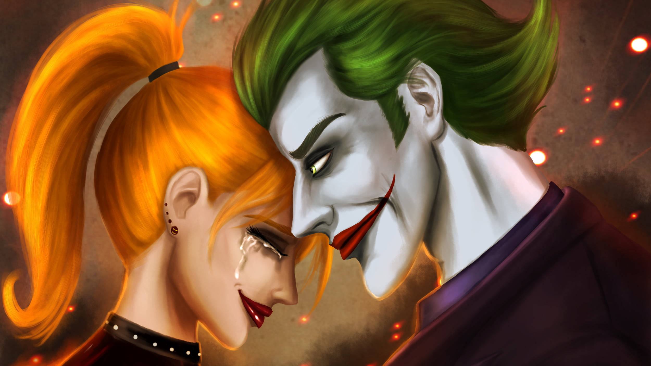 Joker, Harley Quinn, glowing orange sparks, Full HD Desktop Wallpaper