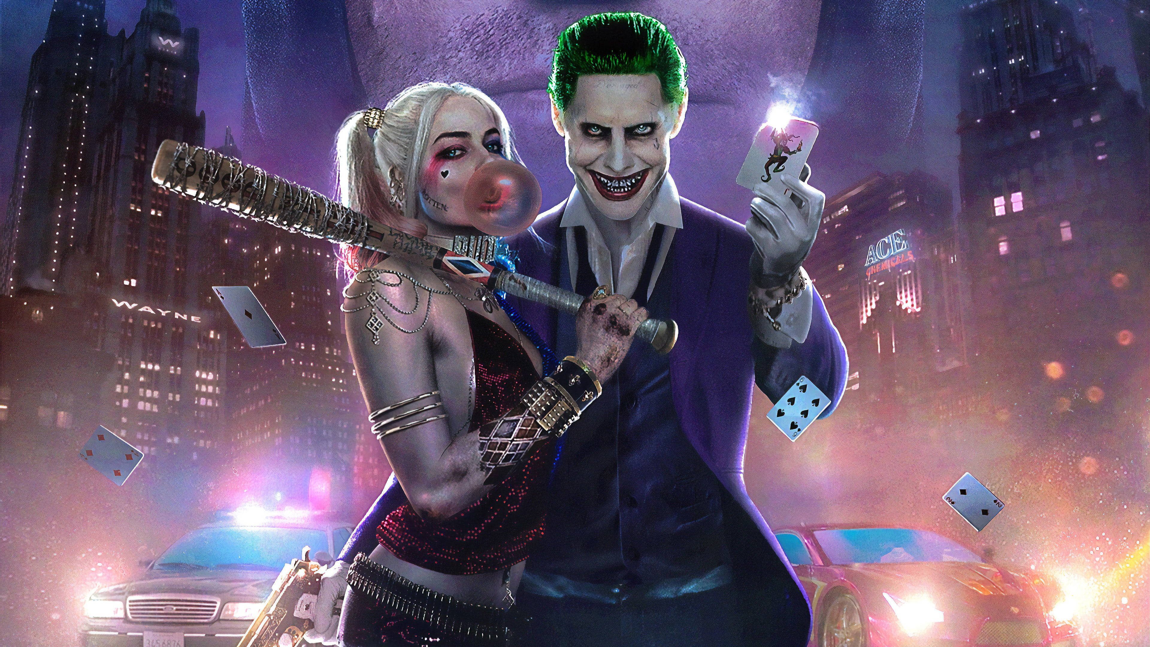 Joker, Harley Quinn, neon-lit Gotham cityscape, 4K Desktop Wallpaper
