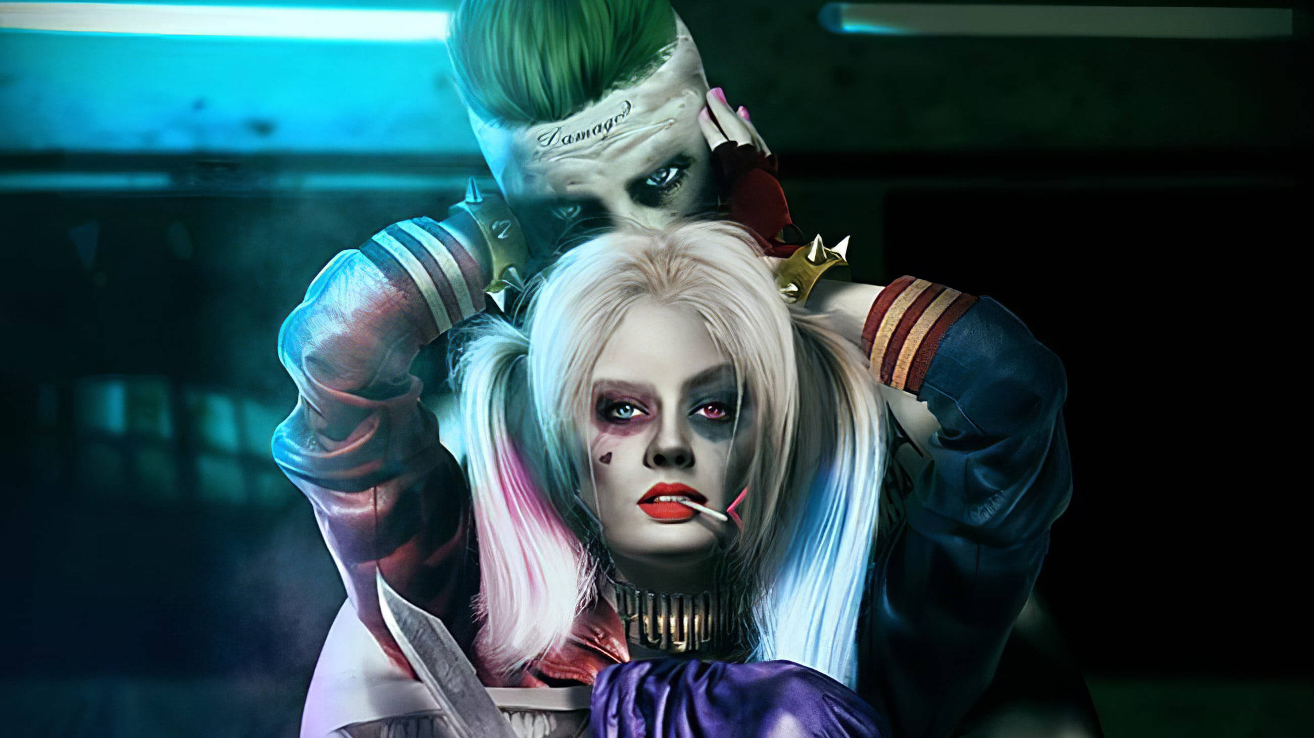 Joker, Harley Quinn, blue neon lighting, 2K Desktop Wallpaper