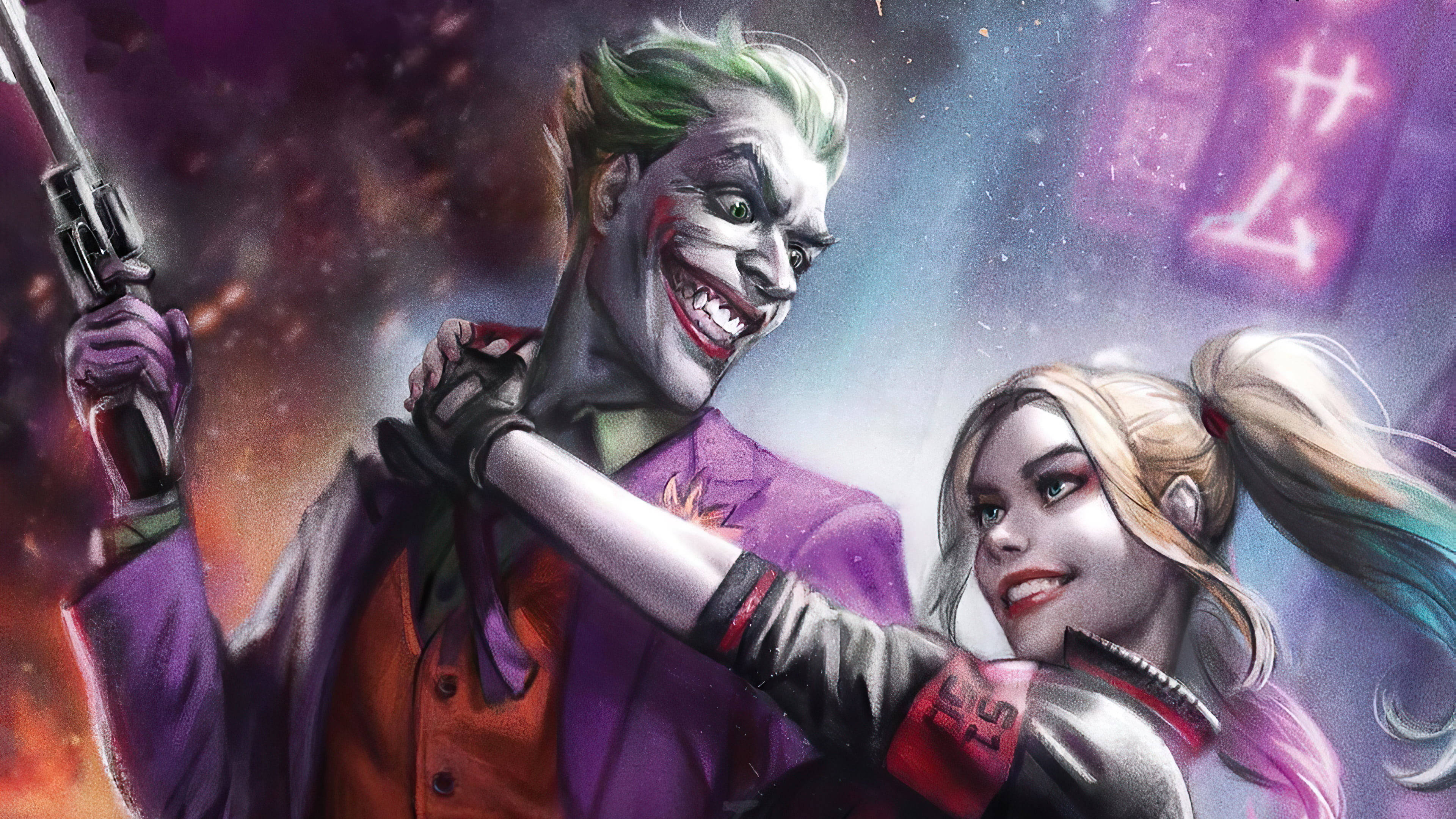Joker, Harley Quinn, cosmic backdrop, 4K Desktop Wallpaper