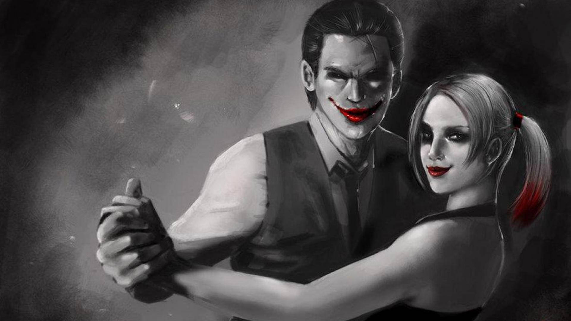 Joker, Harley Quinn, black and white tones, Full HD Desktop Wallpaper