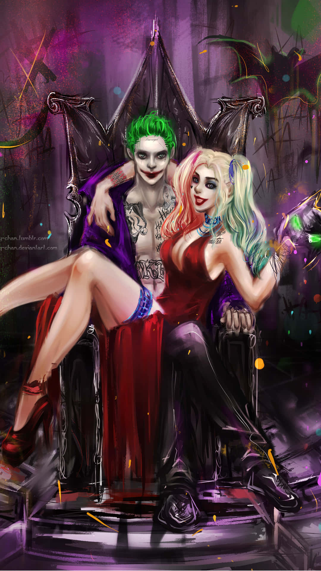 Joker, Harley Quinn, throne, Full HD Phone Wallpaper