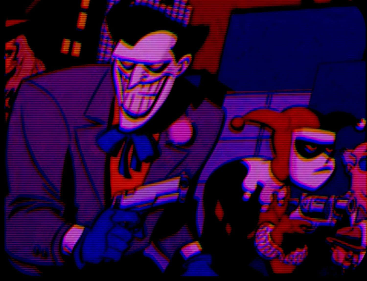 Joker, Harley Quinn, glitchy purple and red digital-art scene, HD Desktop Wallpaper