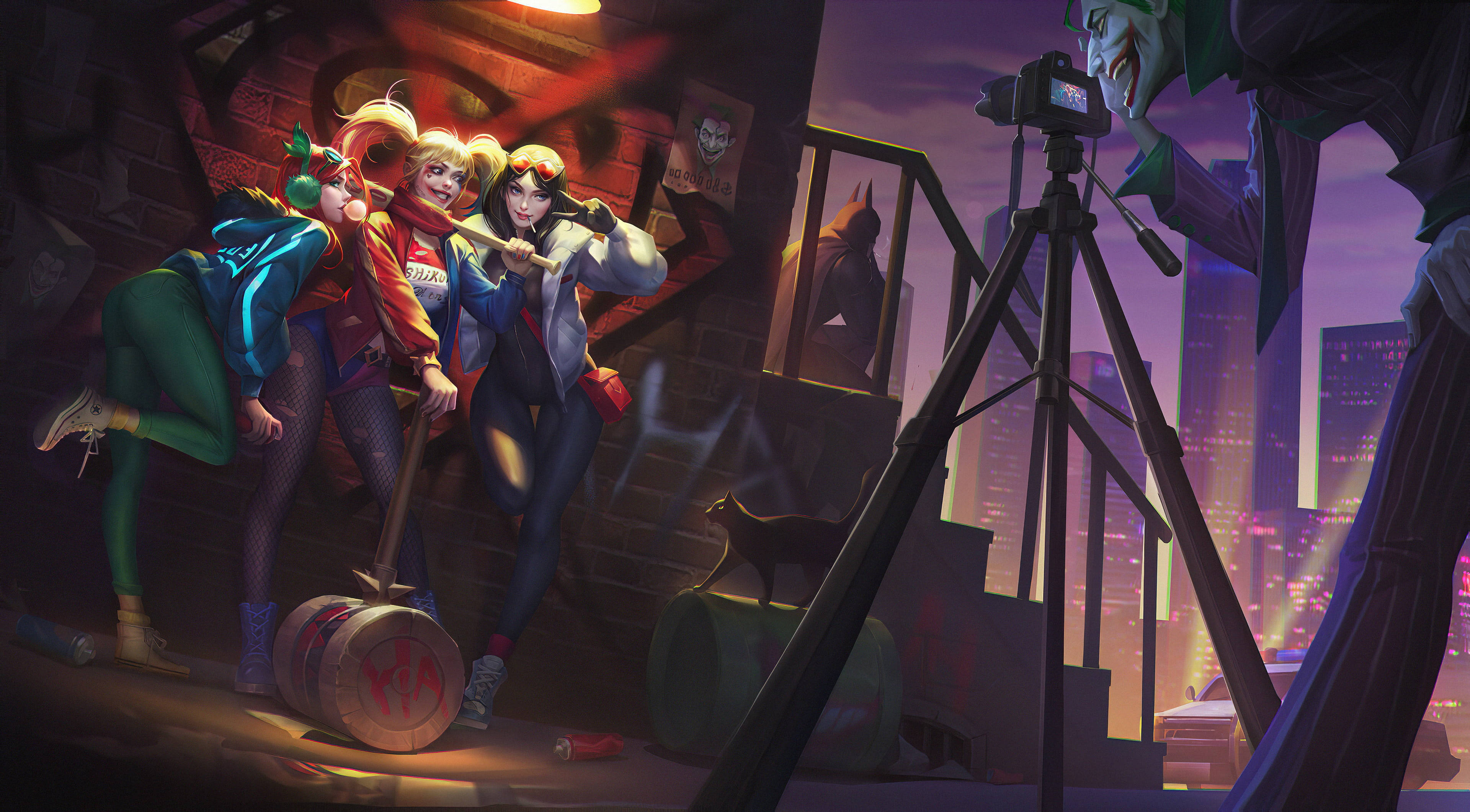 Joker, Harley Quinn, camera tripod, 4K Desktop Wallpaper