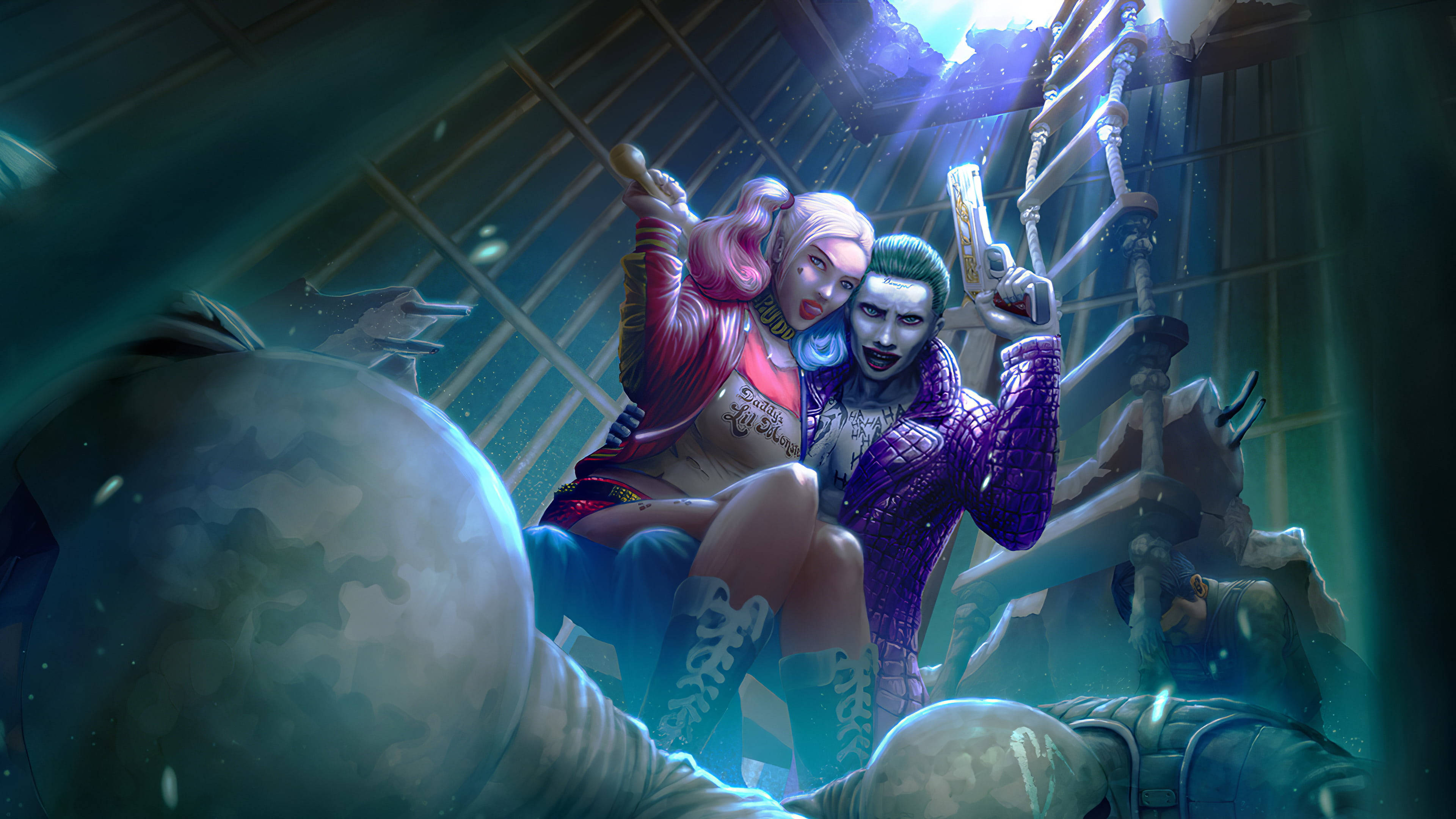 Joker, Harley Quinn, skeletal-themed room, 4K Desktop Wallpaper