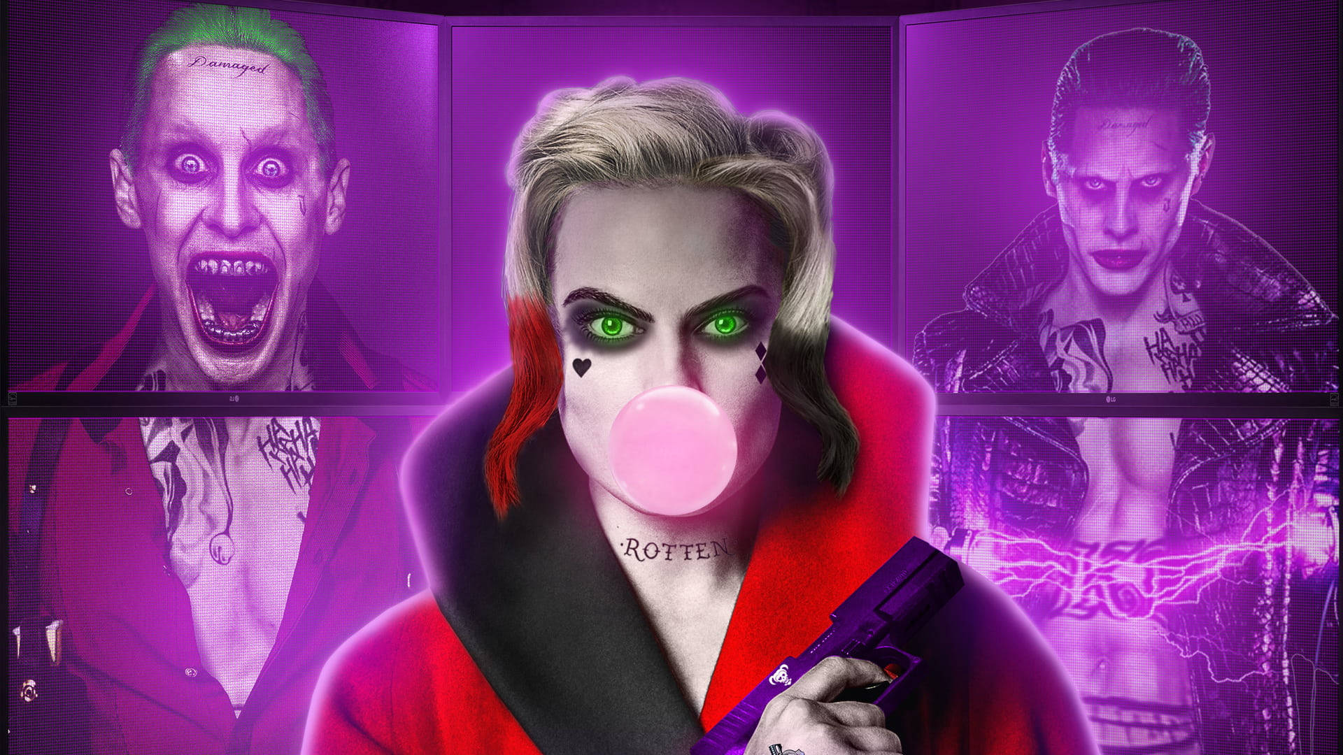 Joker, Harley Quinn, pink bubblegum bubble, Full HD Desktop Wallpaper