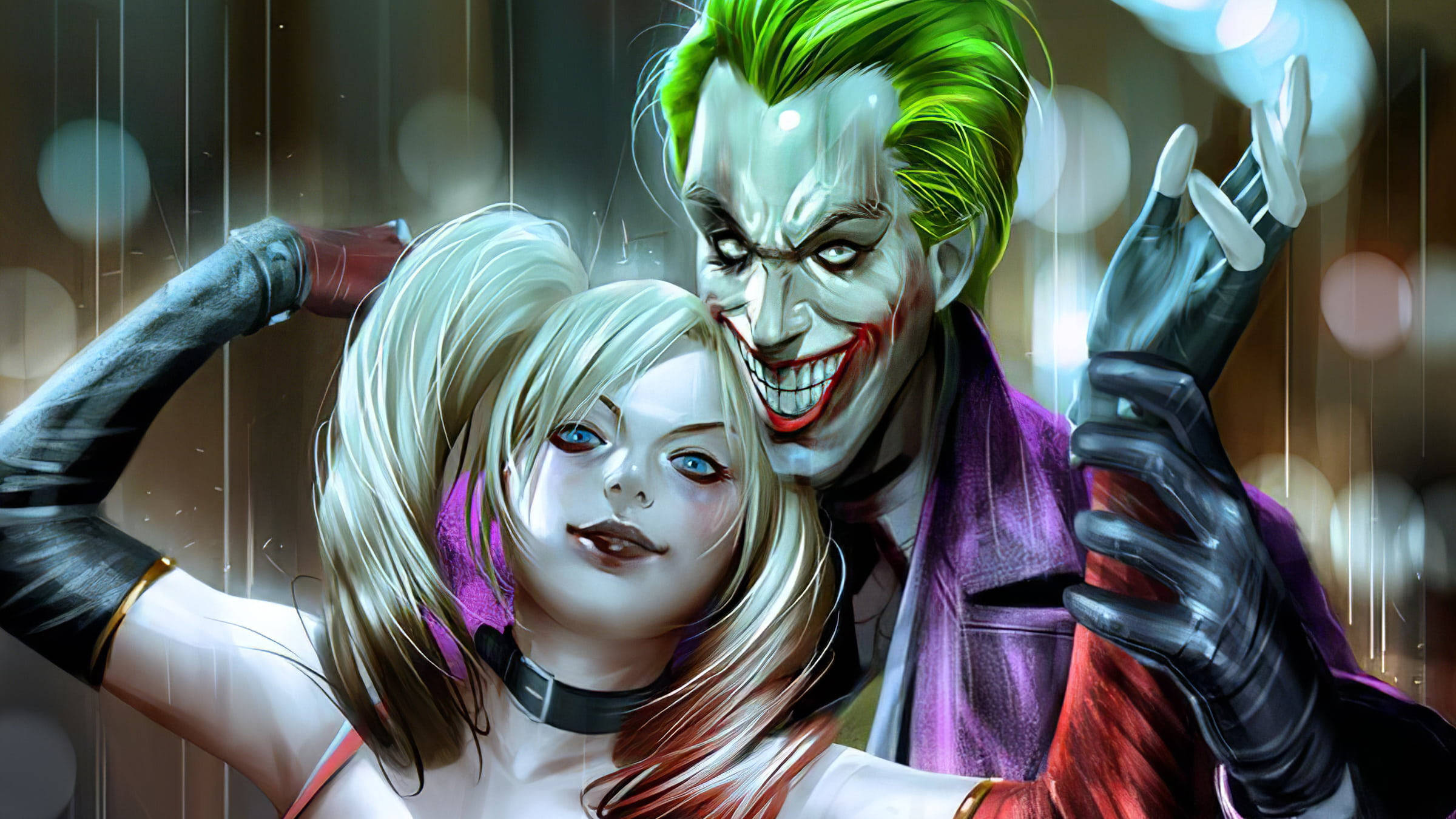 Joker, Harley Quinn, rain-soaked urban setting, Full HD Desktop Wallpaper