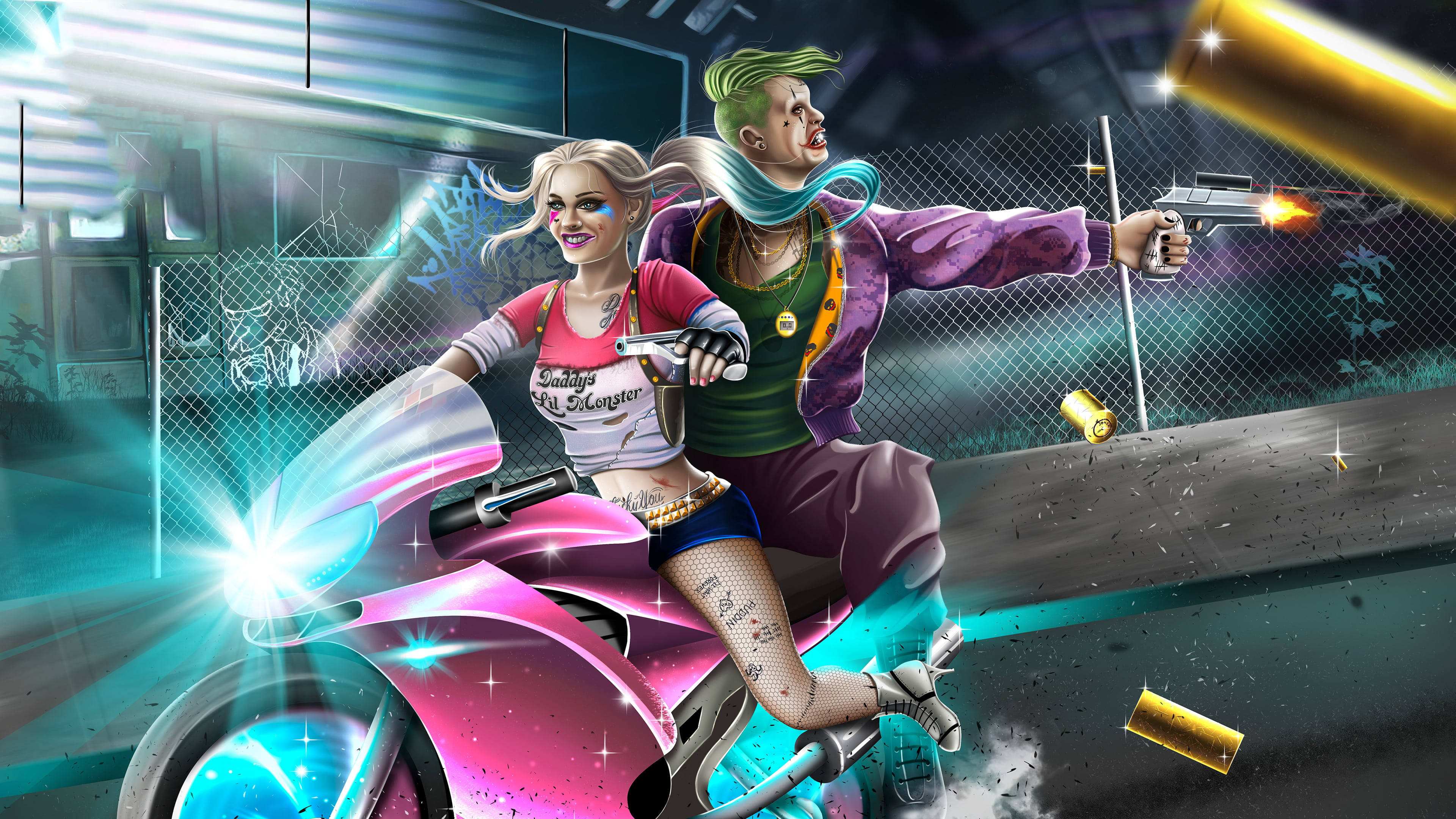 Joker And Harley Quinn, glowing pink motorcycle, neon-lit urban alley, 4K Desktop Wallpaper