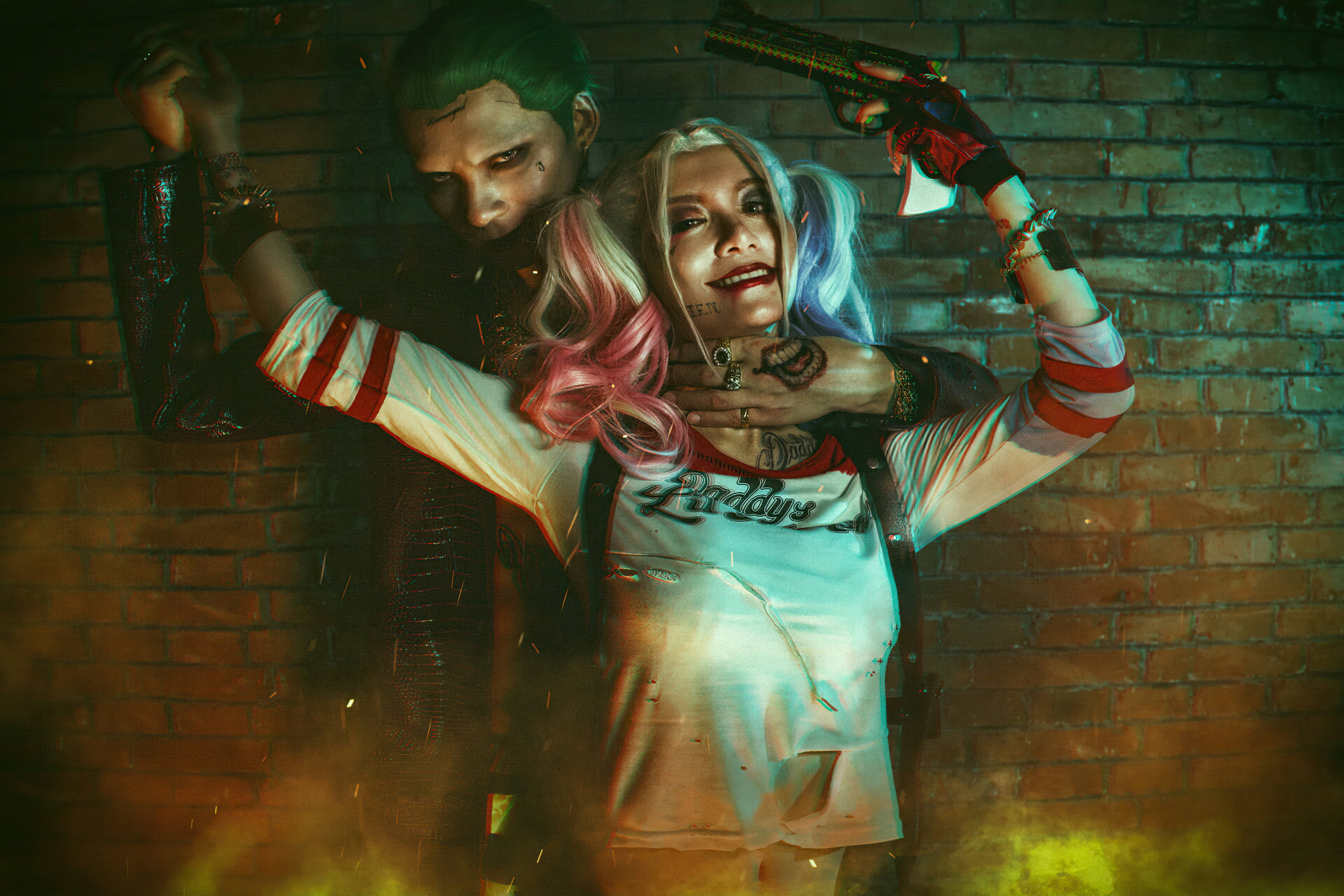 Joker, Harley Quinn, fiery sparks, 4K Desktop Wallpaper