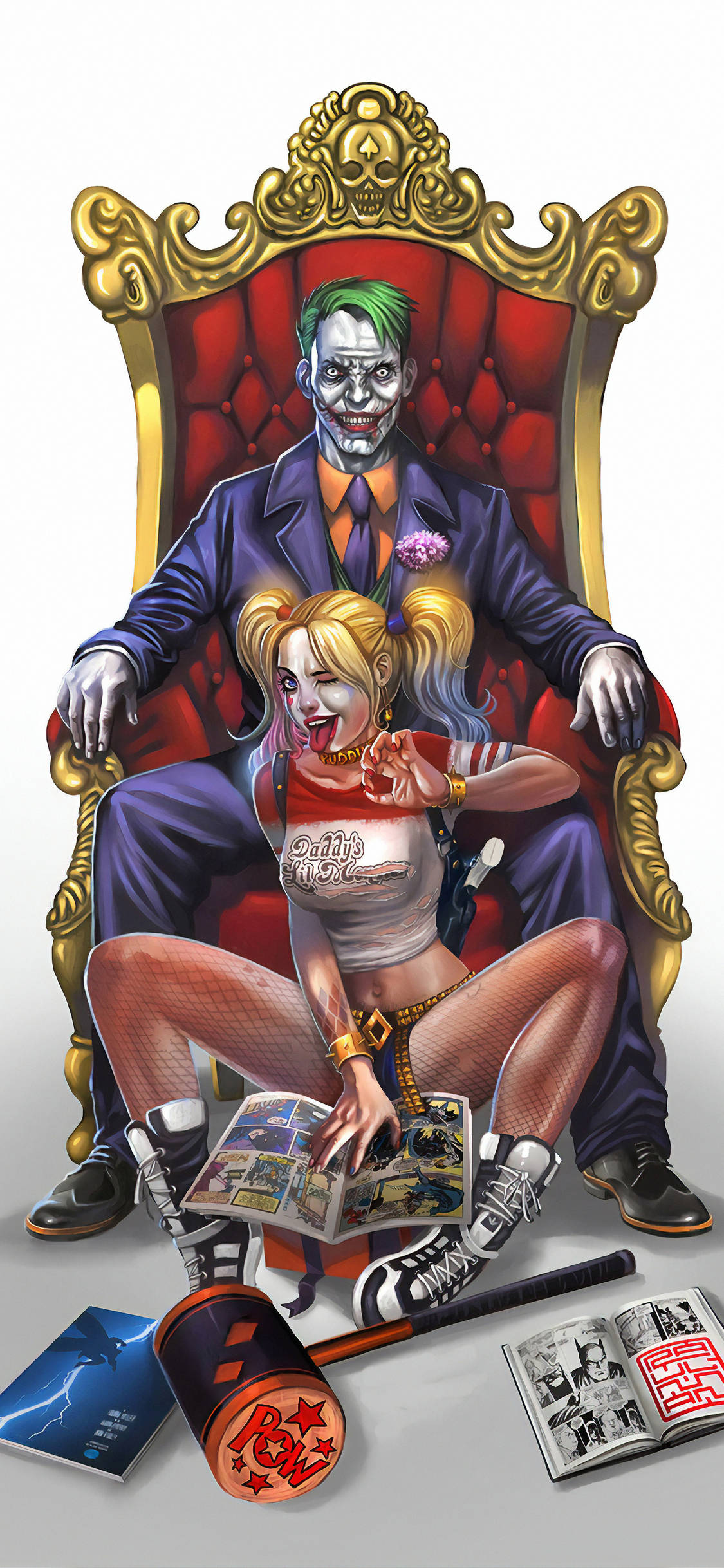 Joker, Harley Quinn, red throne with ornate gold trim, Full HD Phone Wallpaper