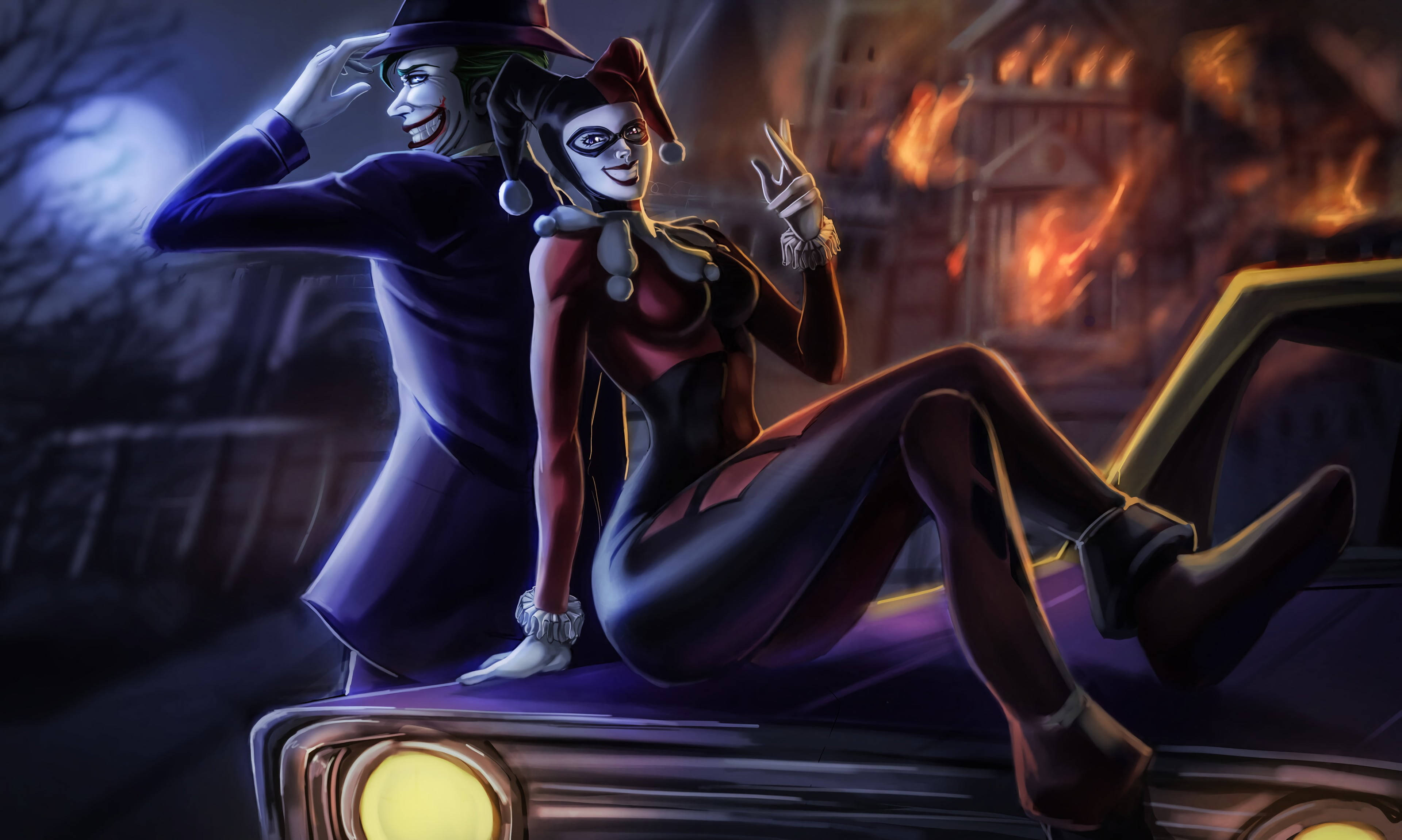 Joker, Harley Quinn, burning house, 4K Desktop Wallpaper