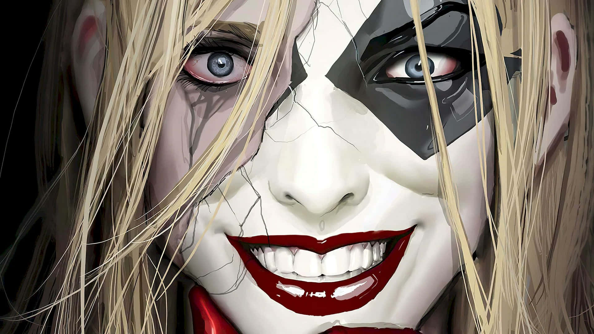 Harley Quinn, cracked white face paint, black eye patch, Full HD Desktop Wallpaper