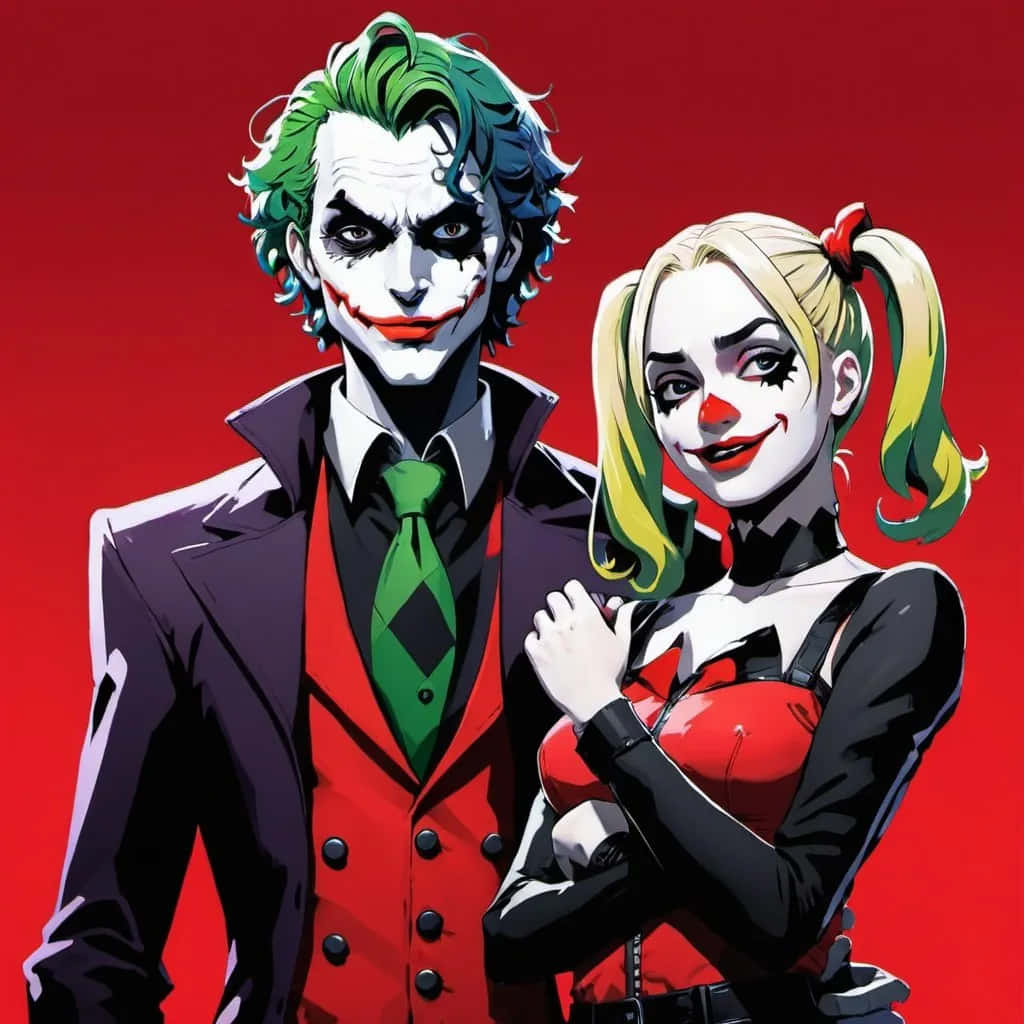 Joker, Harley Quinn, red backdrop, SD Desktop Wallpaper