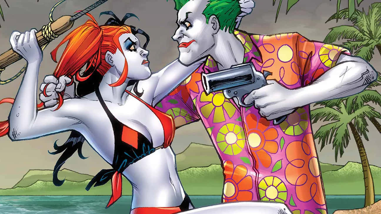 Harley Quinn, Joker, tropical beach, HD Desktop Wallpaper