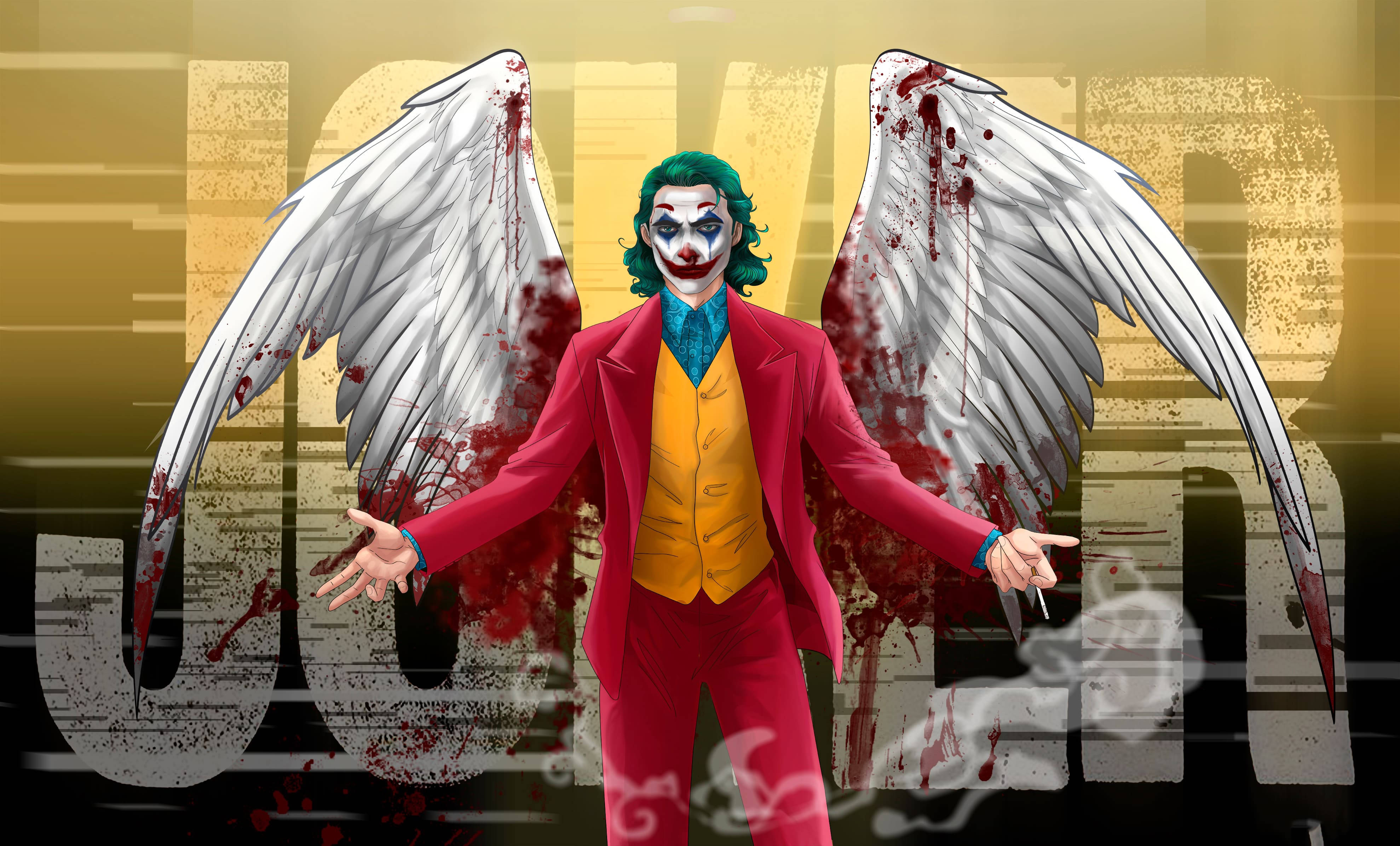 Joker, bloody wings, glitchy yellow background, 4K Desktop Wallpaper