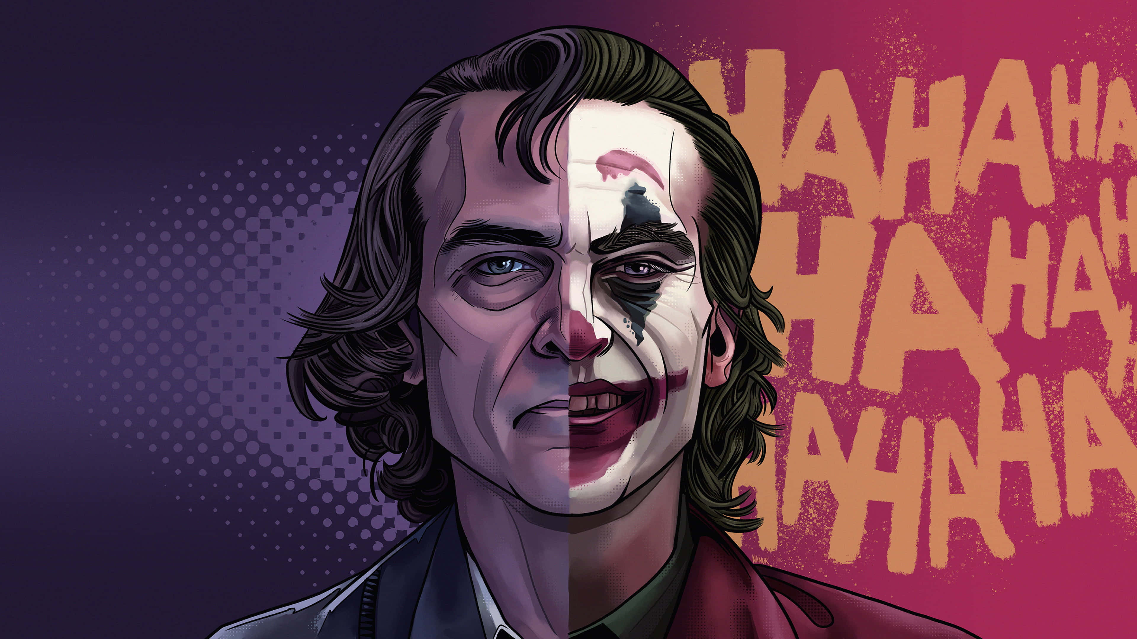 Joker, maniacal smile, chaotic laughter text, 4K Desktop Wallpaper