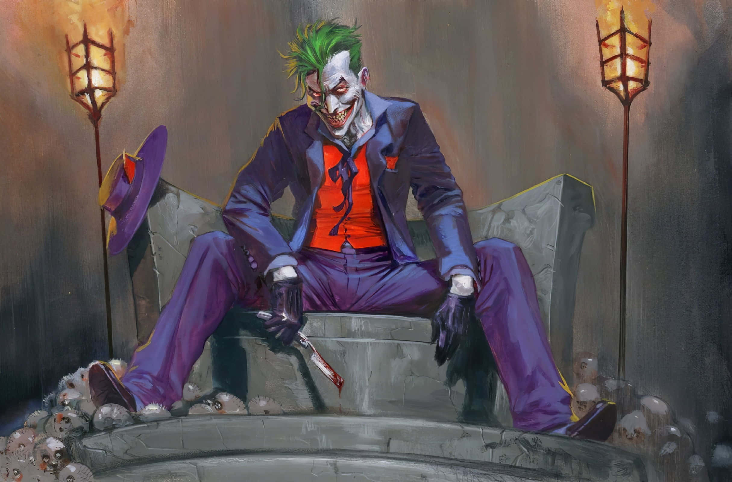 Joker, stone throne, skulls, Full HD Desktop Wallpaper