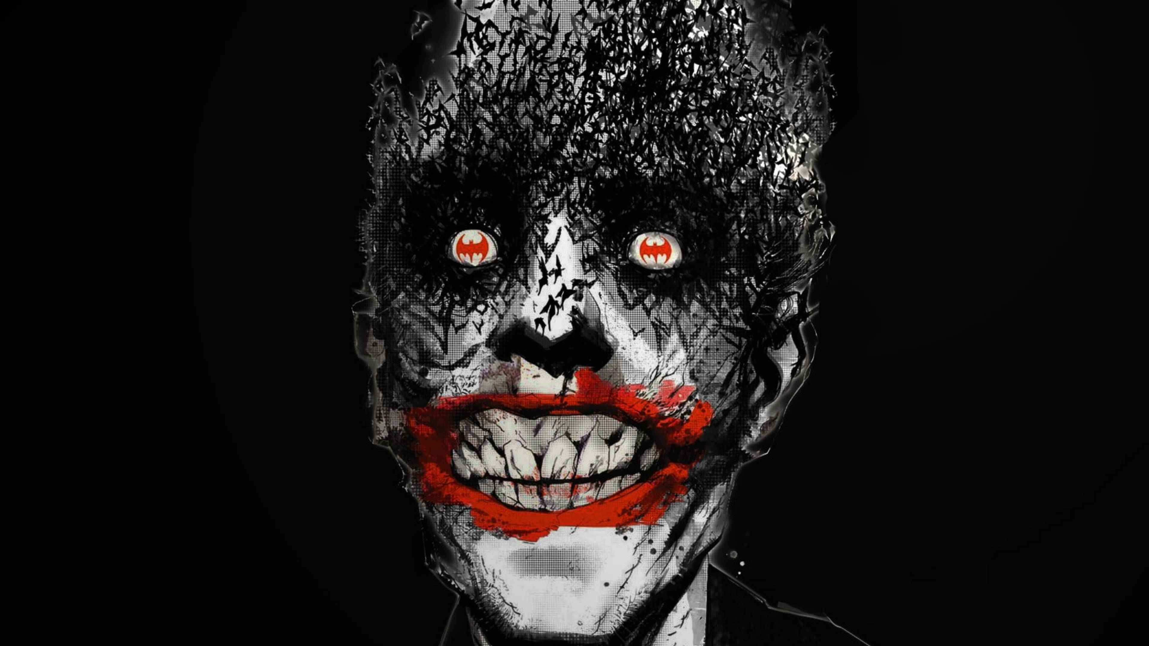Joker, cracked skin, glowing red eyes, 4K Desktop Wallpaper