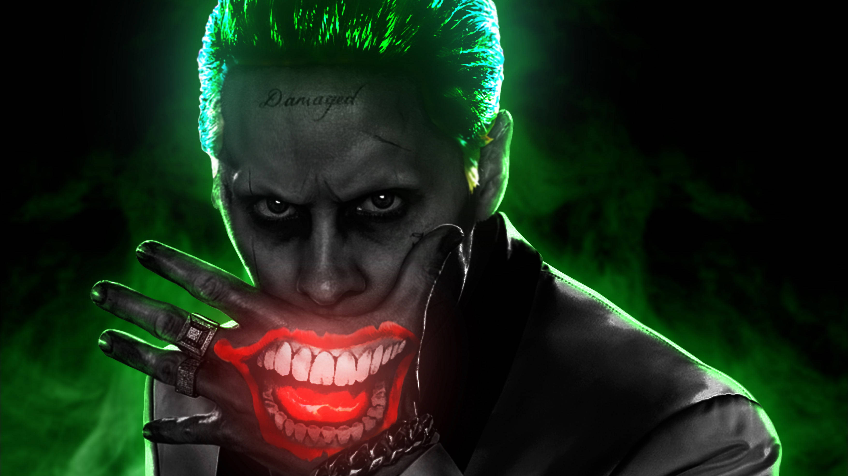 Joker, green hair, glowing red lips, 2K Desktop Wallpaper