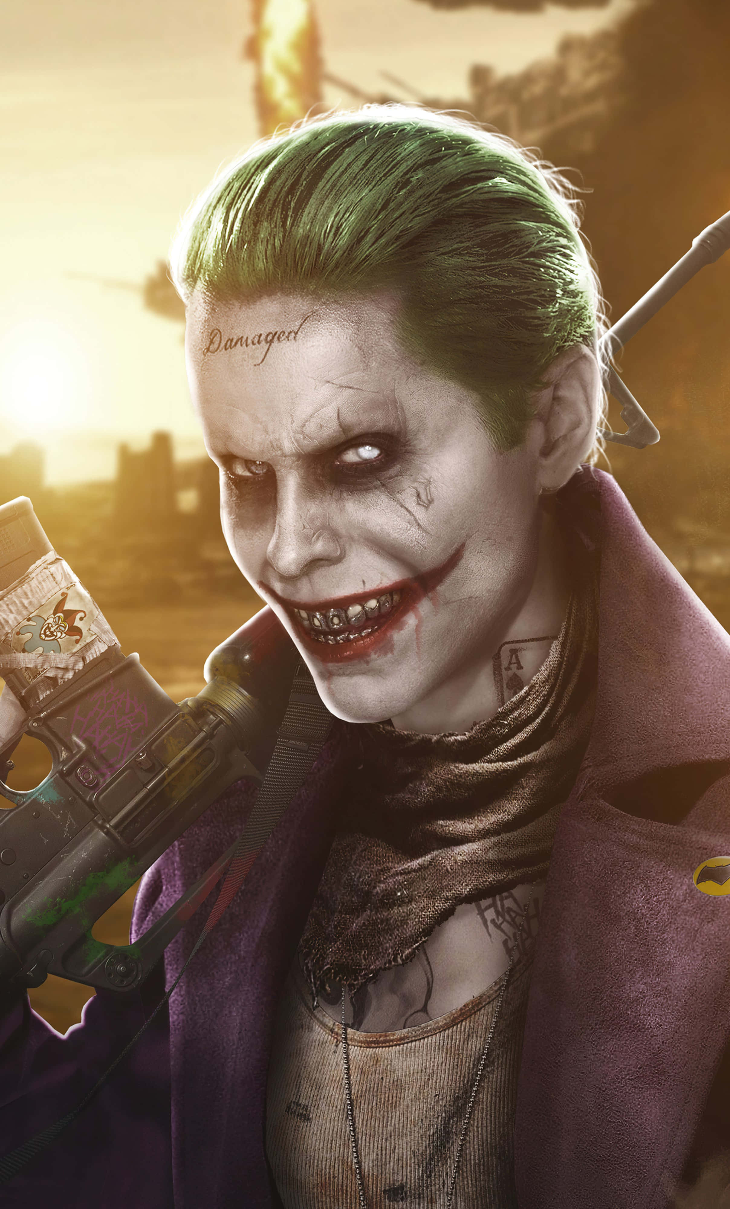 Joker, green hair, wide grin, 4K Phone Wallpaper