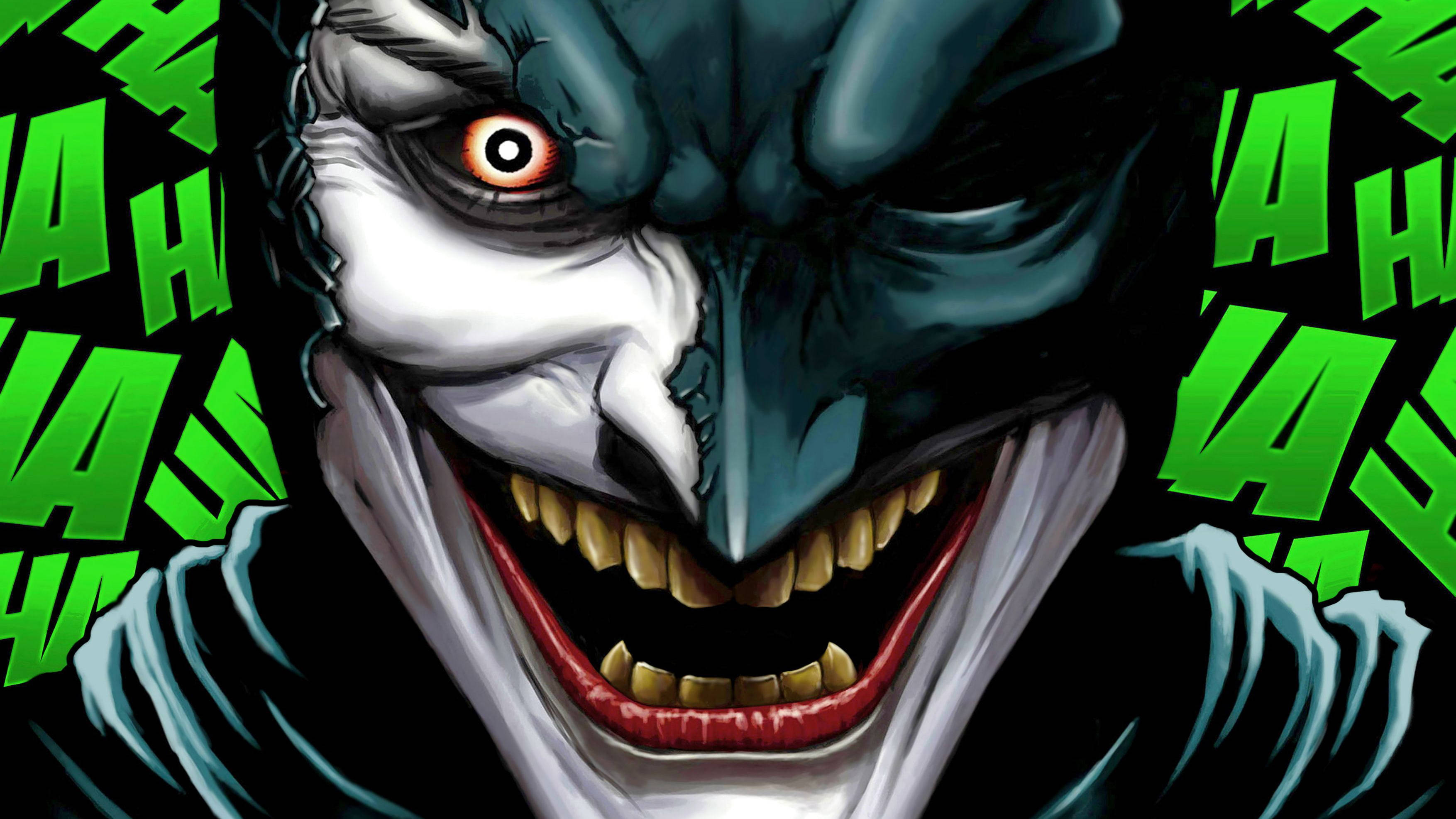 Joker, red lips, green laughing text, 2K Desktop Wallpaper
