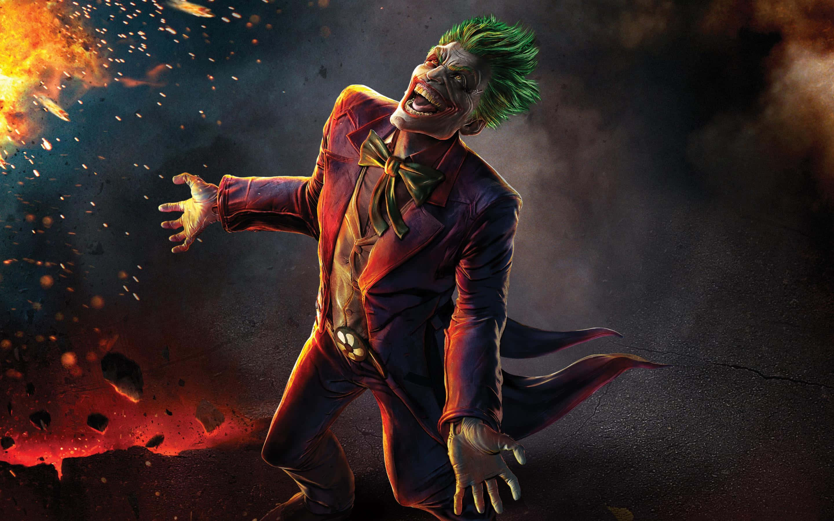 Joker, purple suit, fiery explosions, 2K Desktop Wallpaper