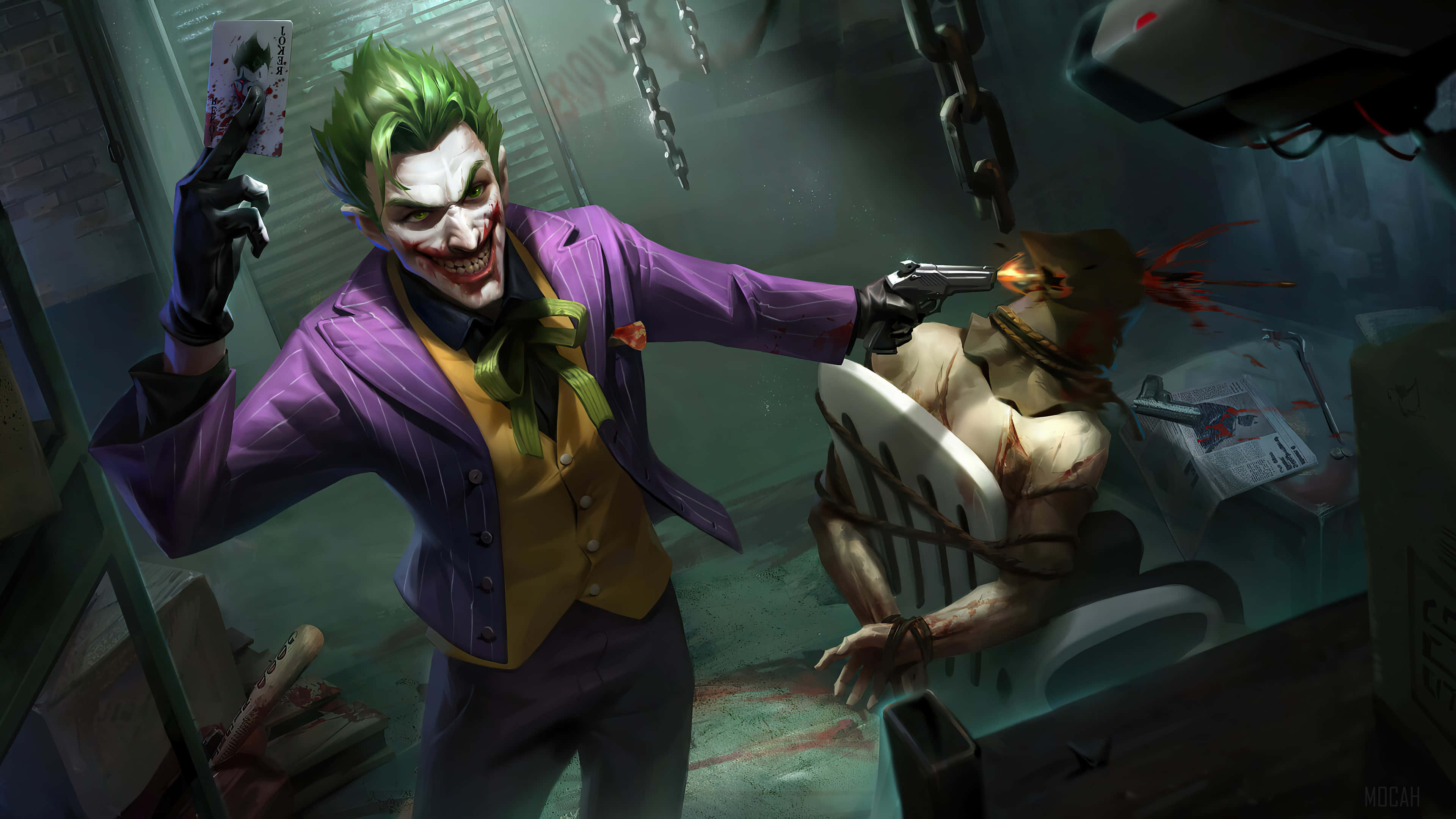 The Joker, purple suit, gun, 4K Desktop Wallpaper