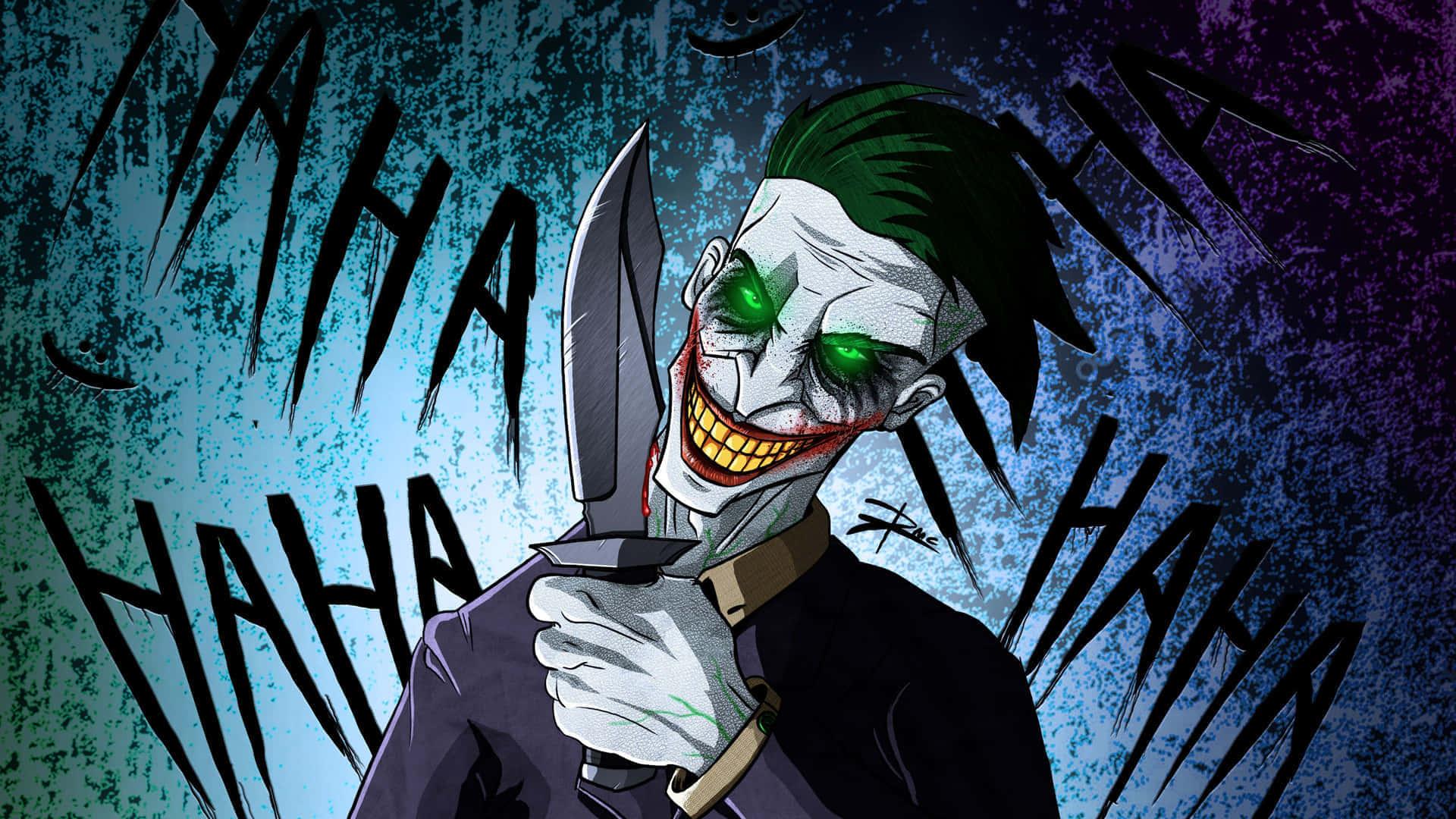 Joker, knife, chaotic blue and purple background, Full HD Desktop Wallpaper