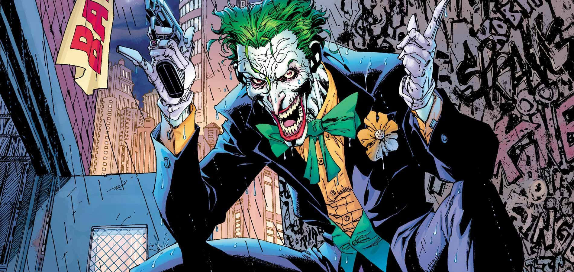 Joker, rain-soaked urban alley, two pistols, HD Desktop Wallpaper