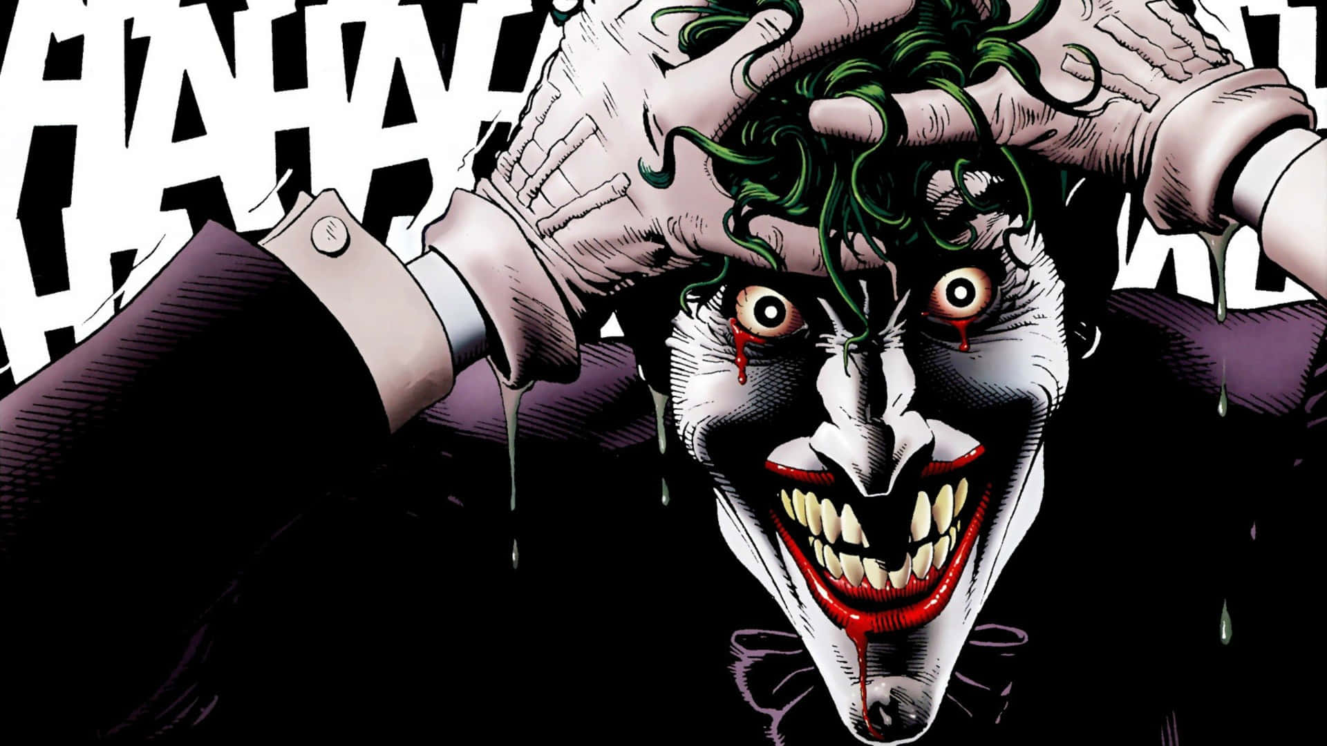 Joker, green hair, blood dripping from his grin, Full HD Desktop Wallpaper