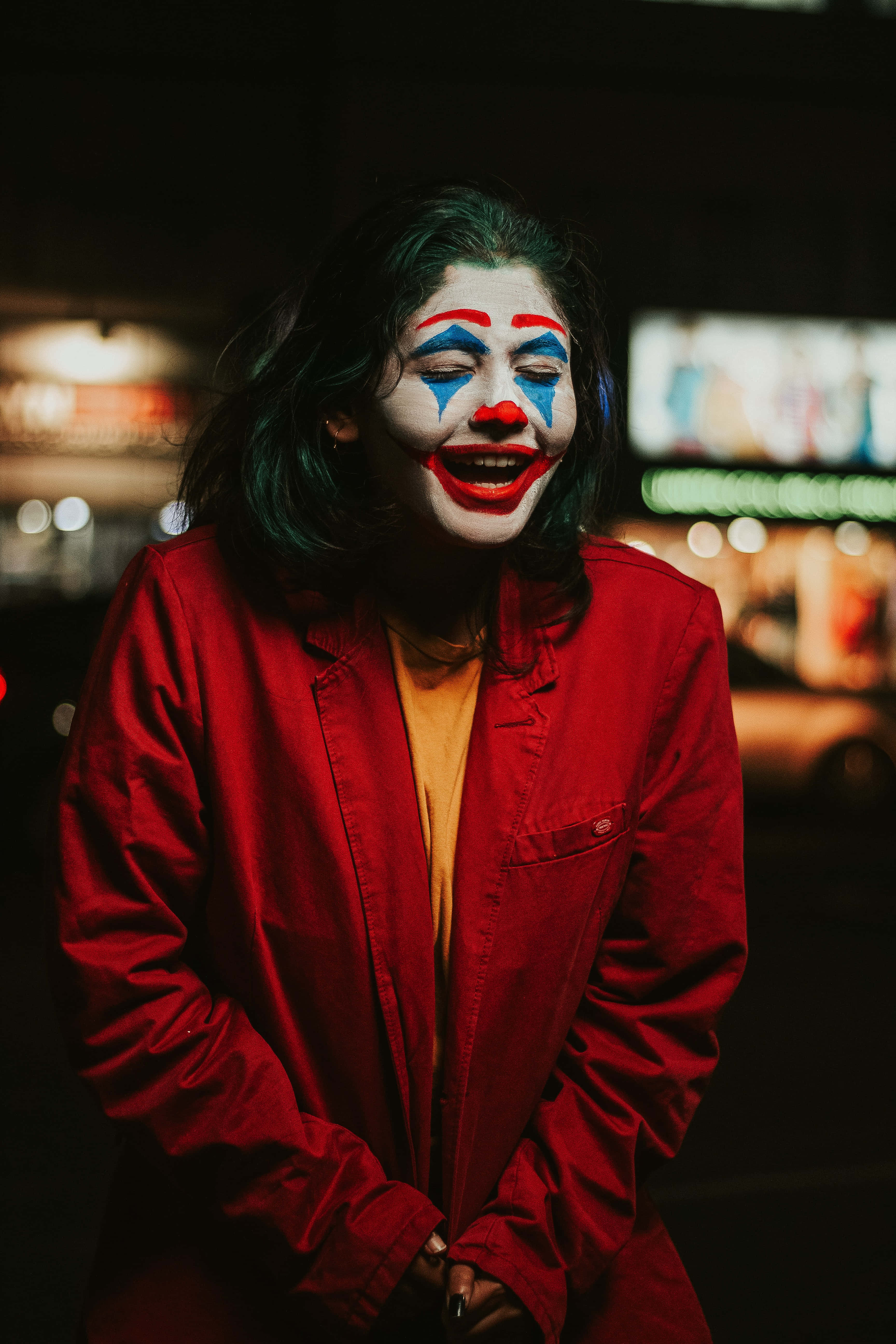 Cool Joker, clown makeup, red jacket, 5K Phone Wallpaper