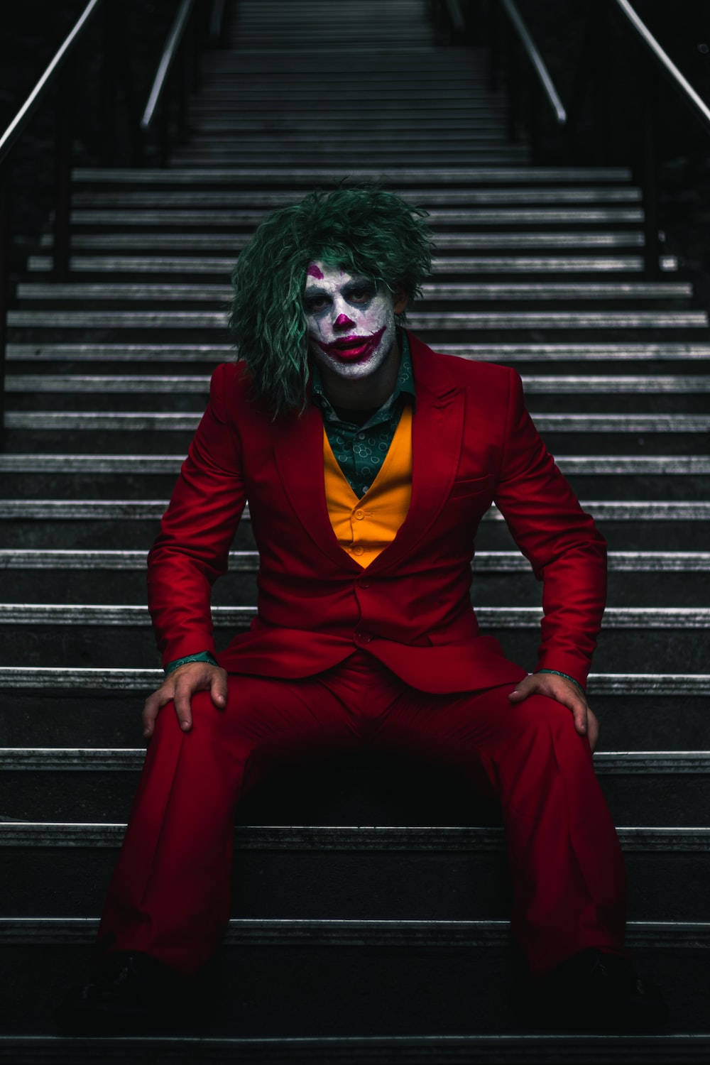 Joker Phone, staircase, red suit, HD Phone Wallpaper