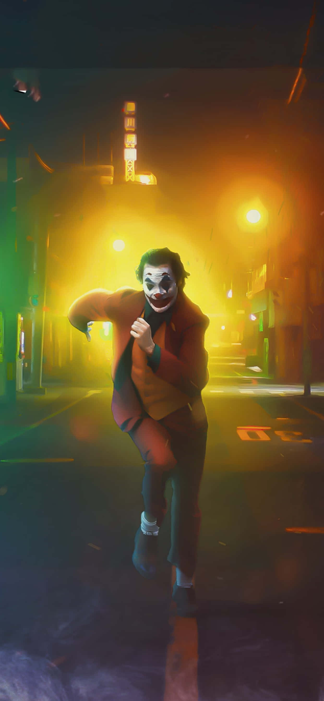 Joker, red suit, neon-drenched alleyway, 2K Phone Wallpaper