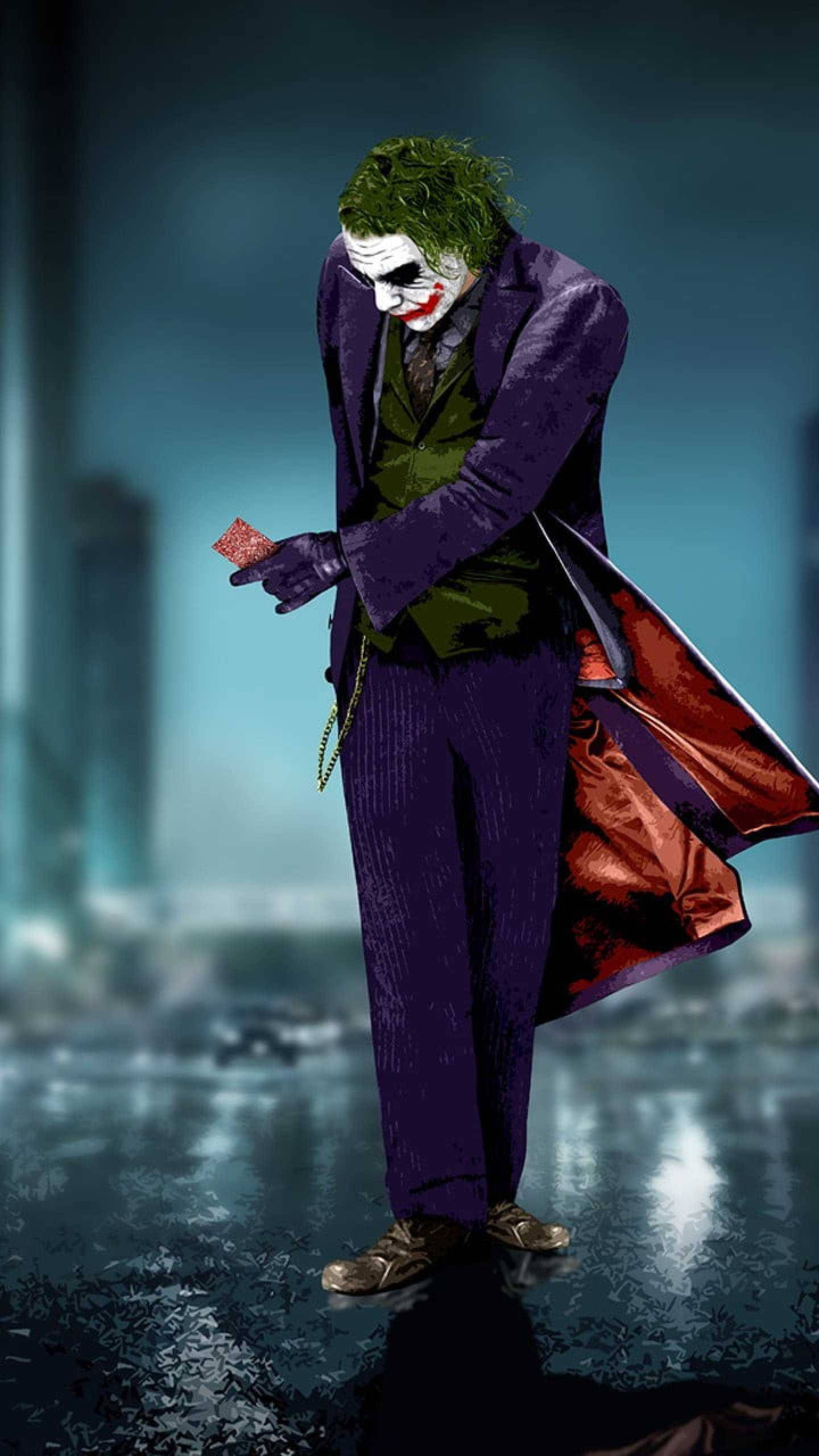 Joker Phone, purple suit, rain-slicked city street, 2K Phone Wallpaper