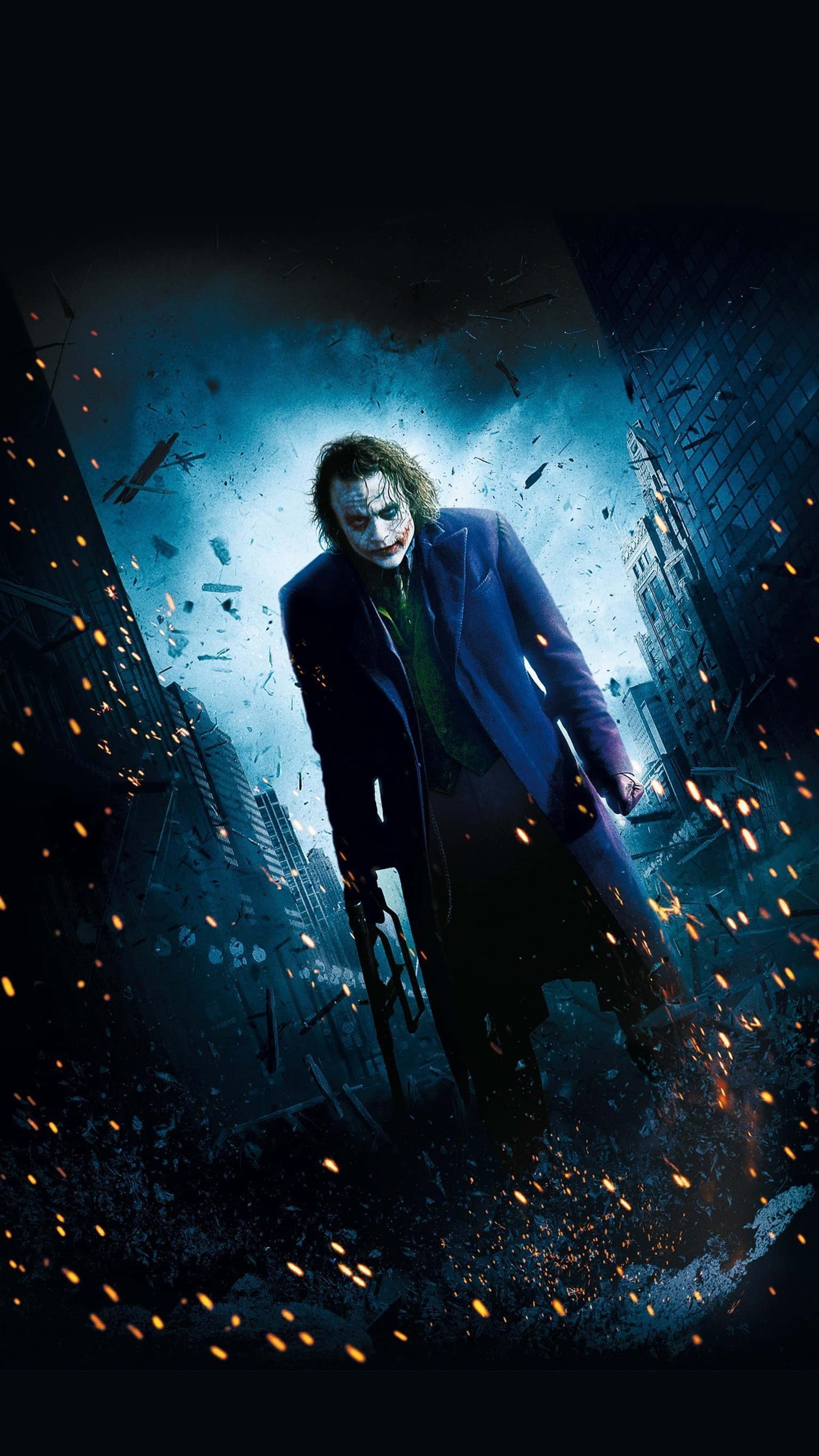 Joker, crumbling cityscape, sparks, 4K Phone Wallpaper