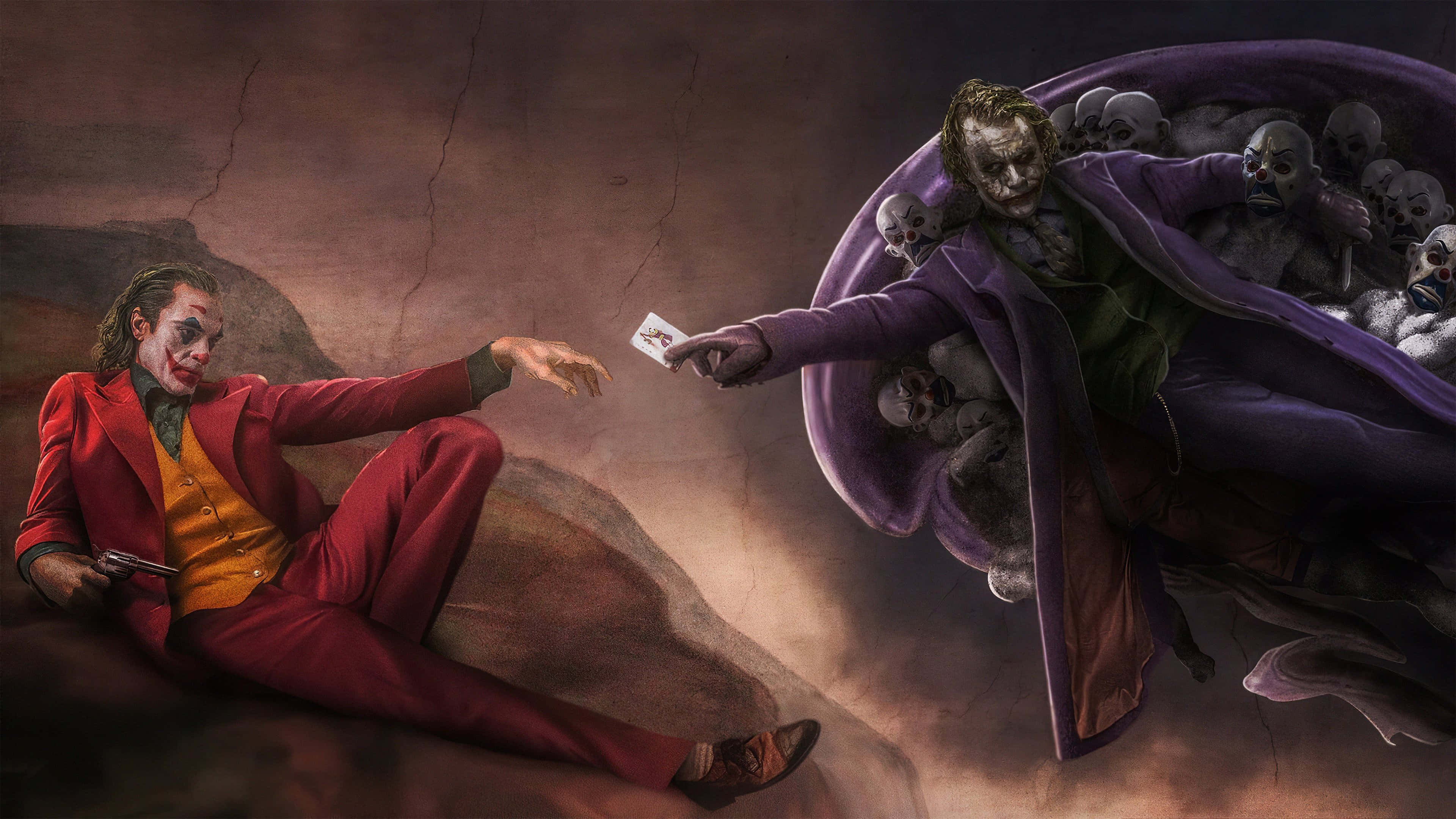 Joker, red and purple suits, cracked earth, 4K Desktop Wallpaper