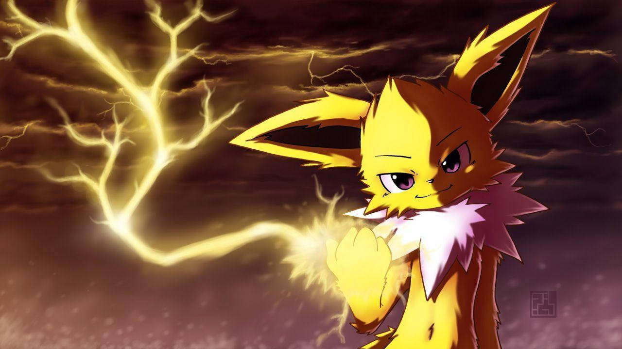 Cartoon Jolteon, yellow fox-like Pokémon, crackling lightning, HD Desktop Wallpaper