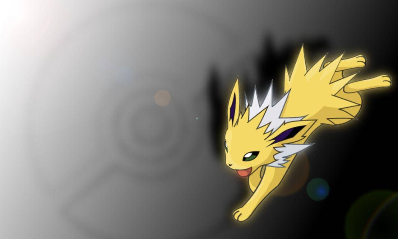 Jolteon, glowing yellow, leaps dynamically, HD Desktop Wallpaper