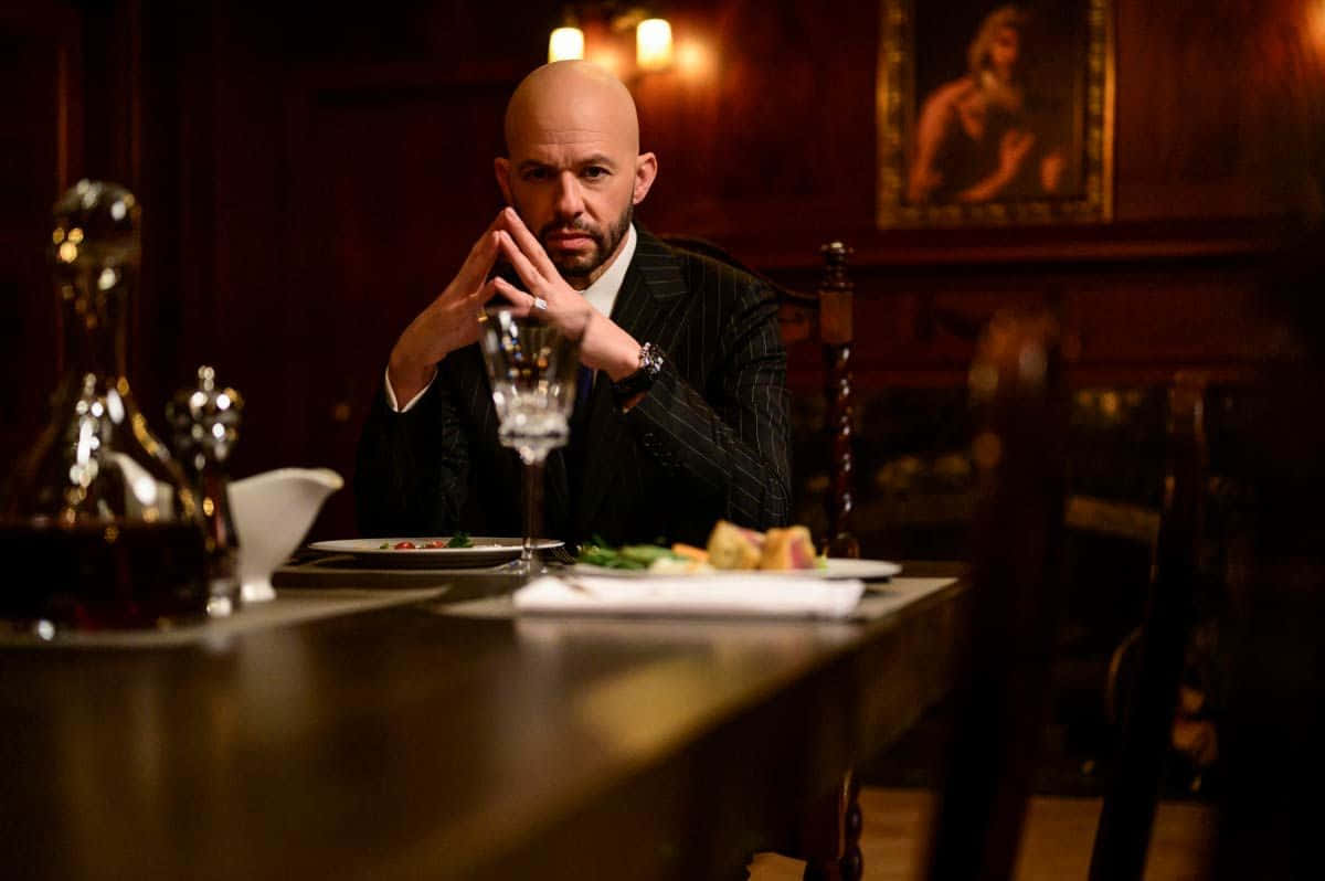 Jon Cryer, pinstripe suit, dimly lit wooden dining table, SD Desktop Wallpaper