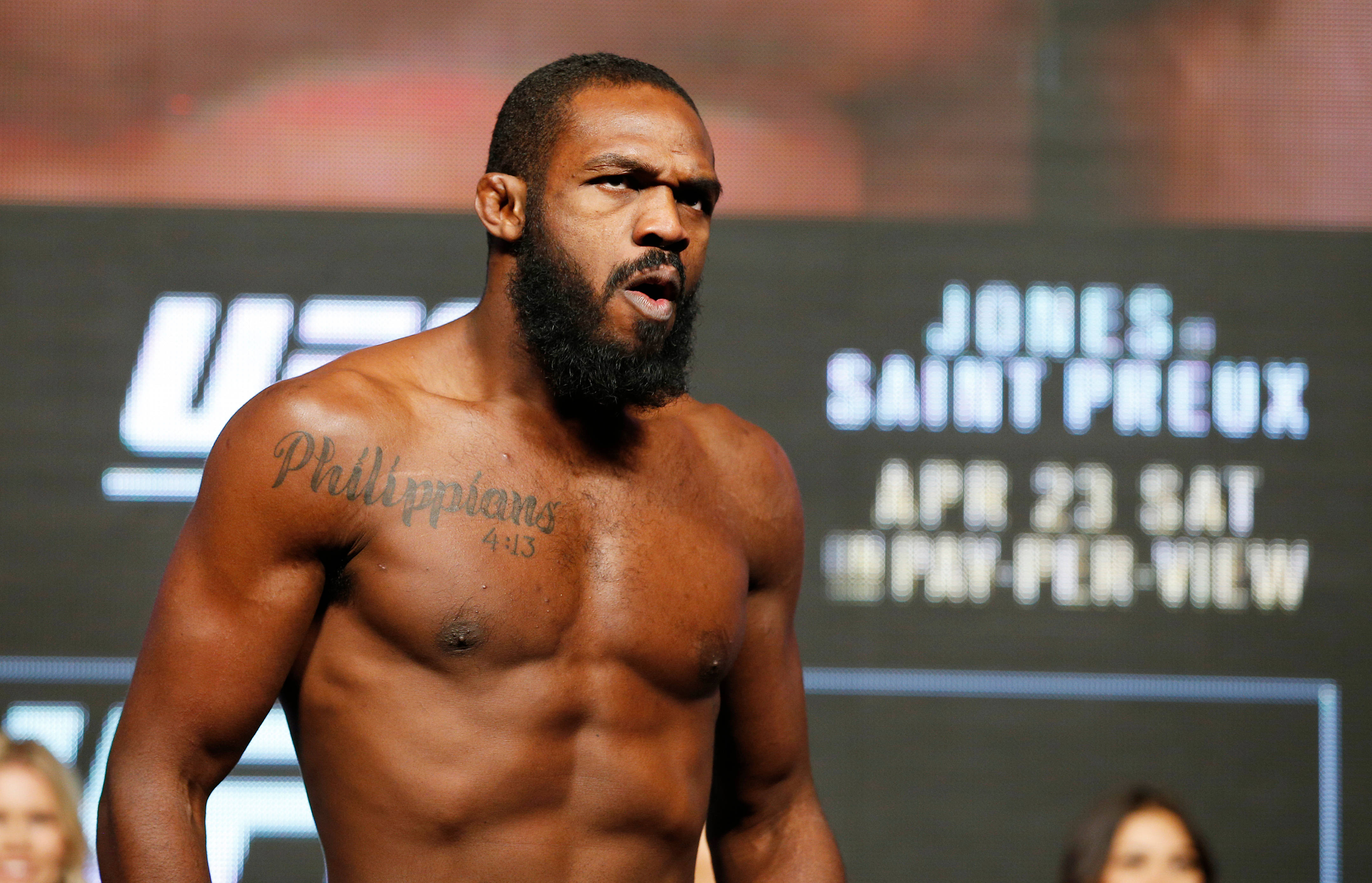 Jon Jones, Philippians 4:13, UFC weigh-in backdrop, 4K Desktop Wallpaper