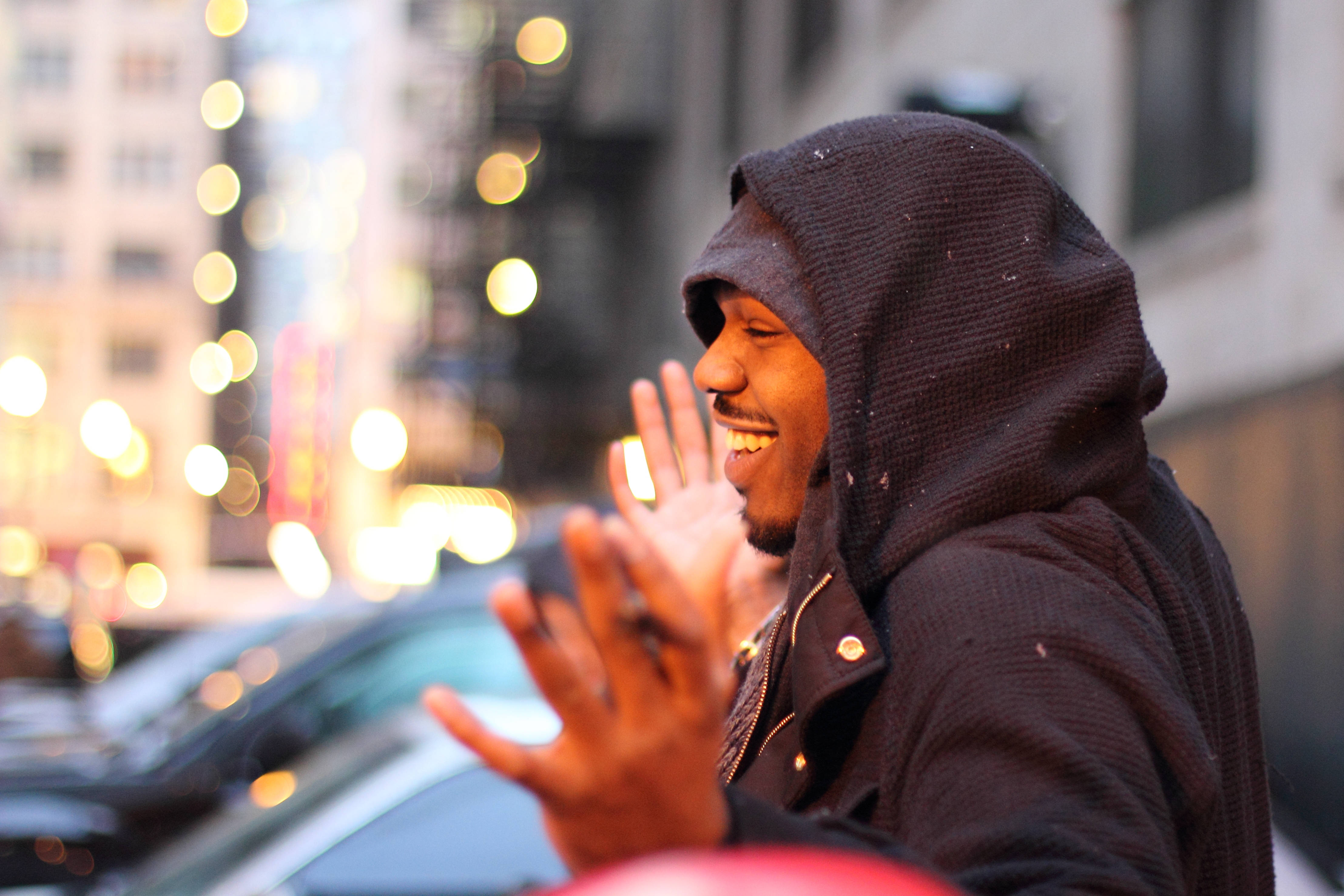 Jon Jones, dark hoodie, snowy city street, 4K Desktop Wallpaper