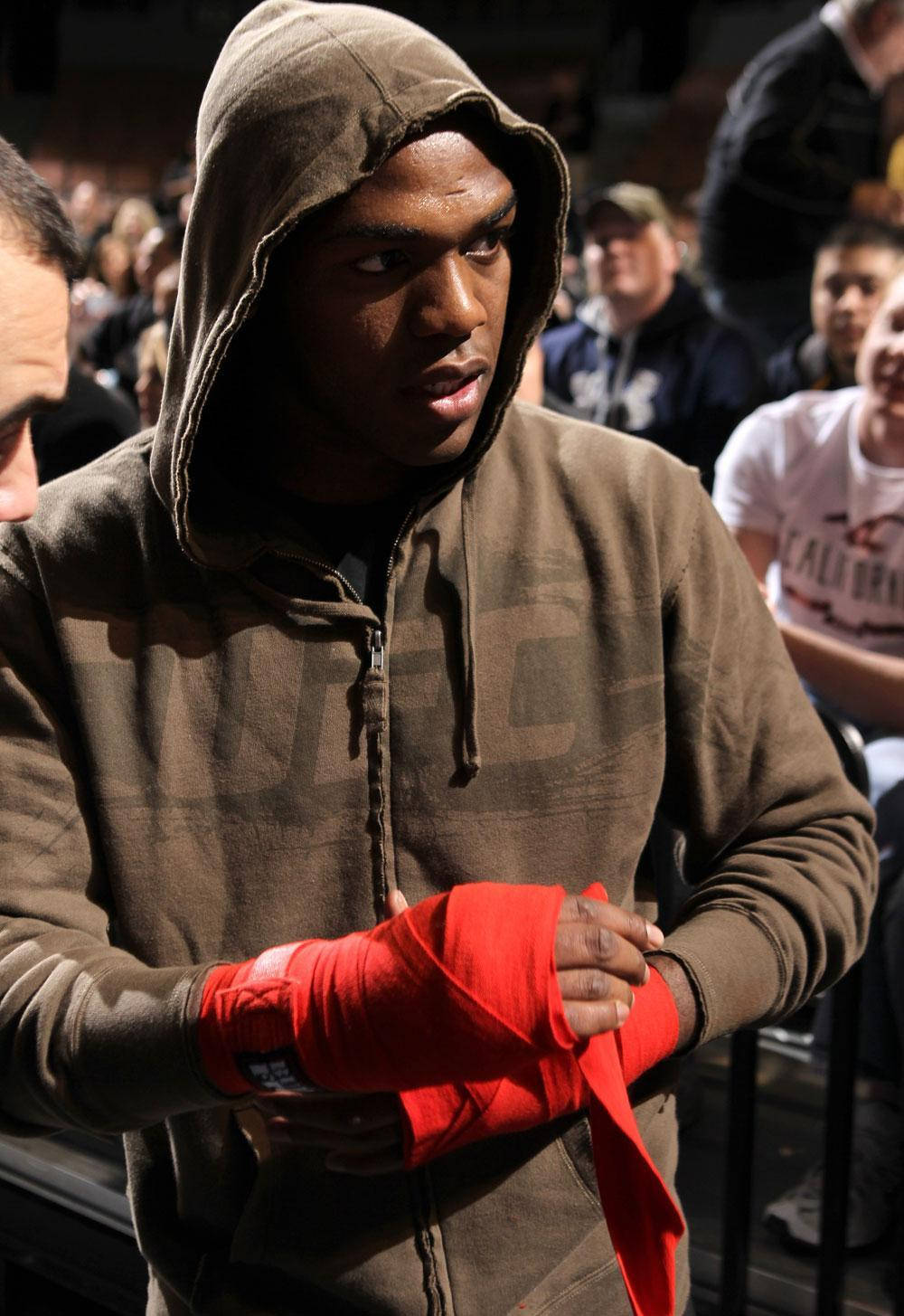 Jon Jones, brown hoodie, bright red tape, HD Phone Wallpaper