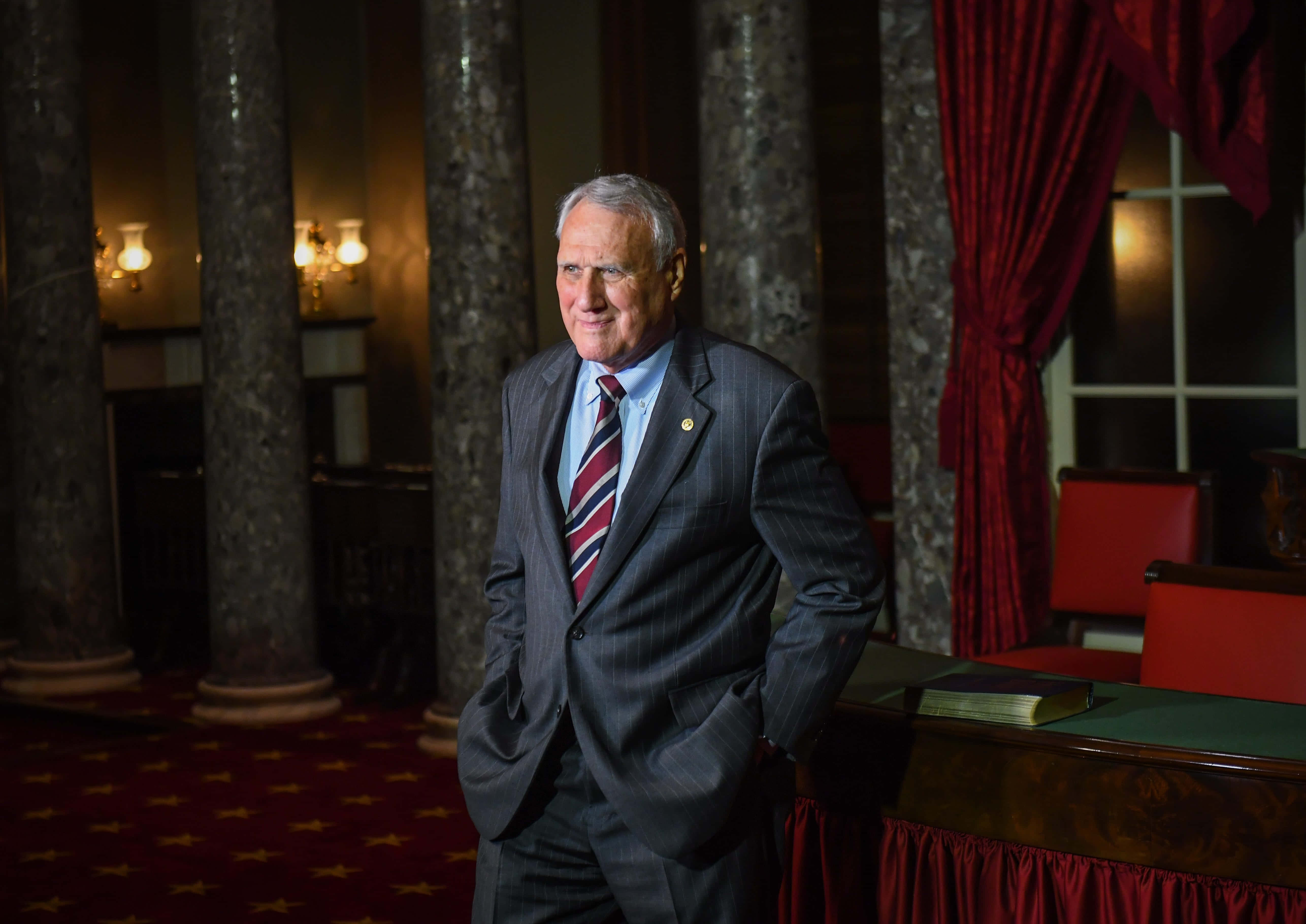 Jon Kyl, pinstripe suit, marble columns, 5K Desktop Wallpaper