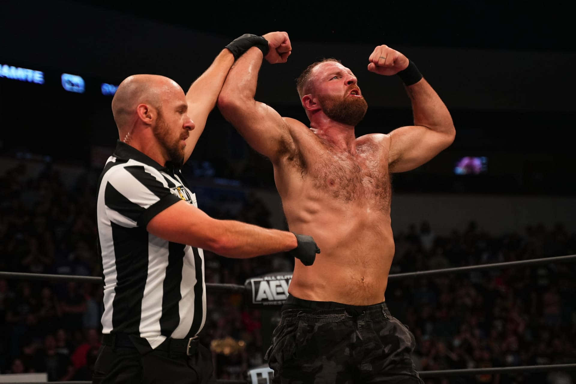 Jon Moxley, winning pose, referee, Full HD Desktop Wallpaper